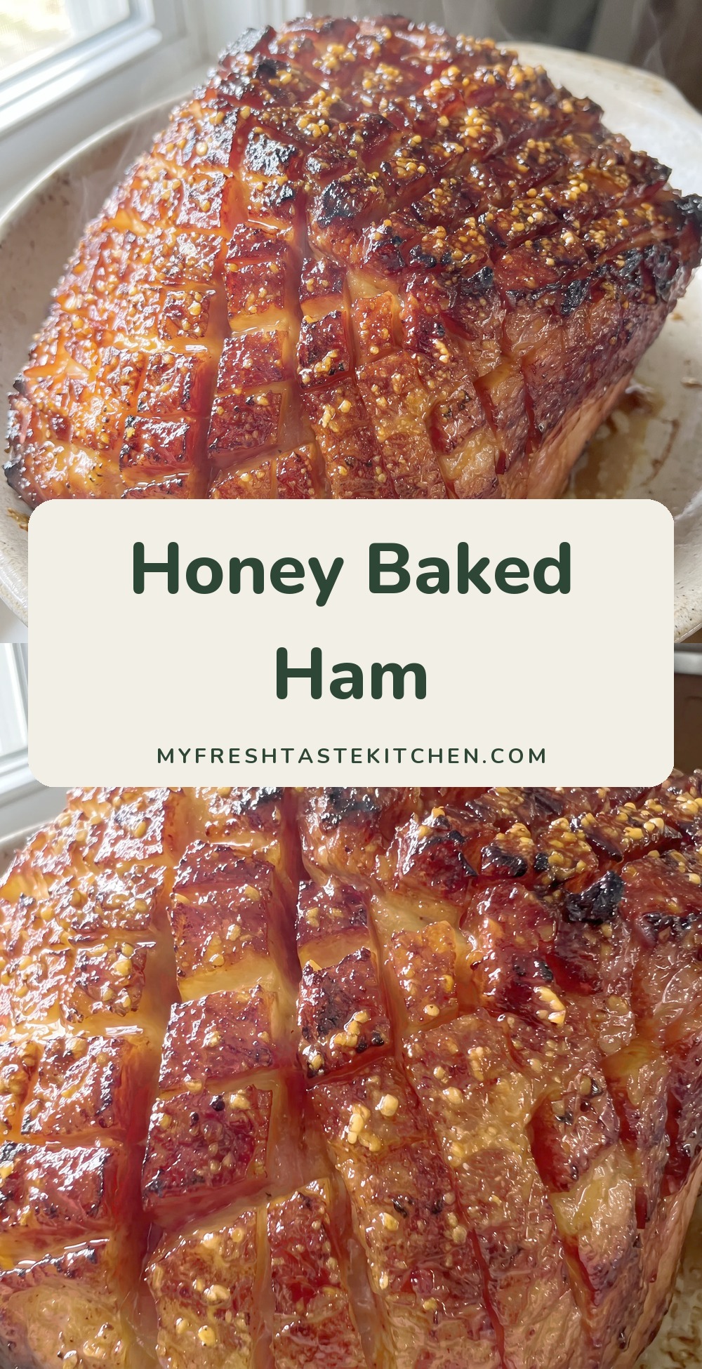 Whole scored ham with a dark caramelized glaze.