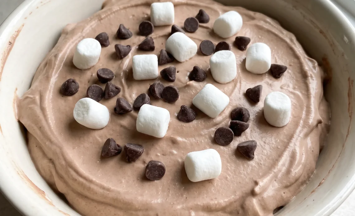Hot chocolate dip topped with mini marshmallows and chocolate chips in a fluffy marshmallow fluff and whipped topping base.