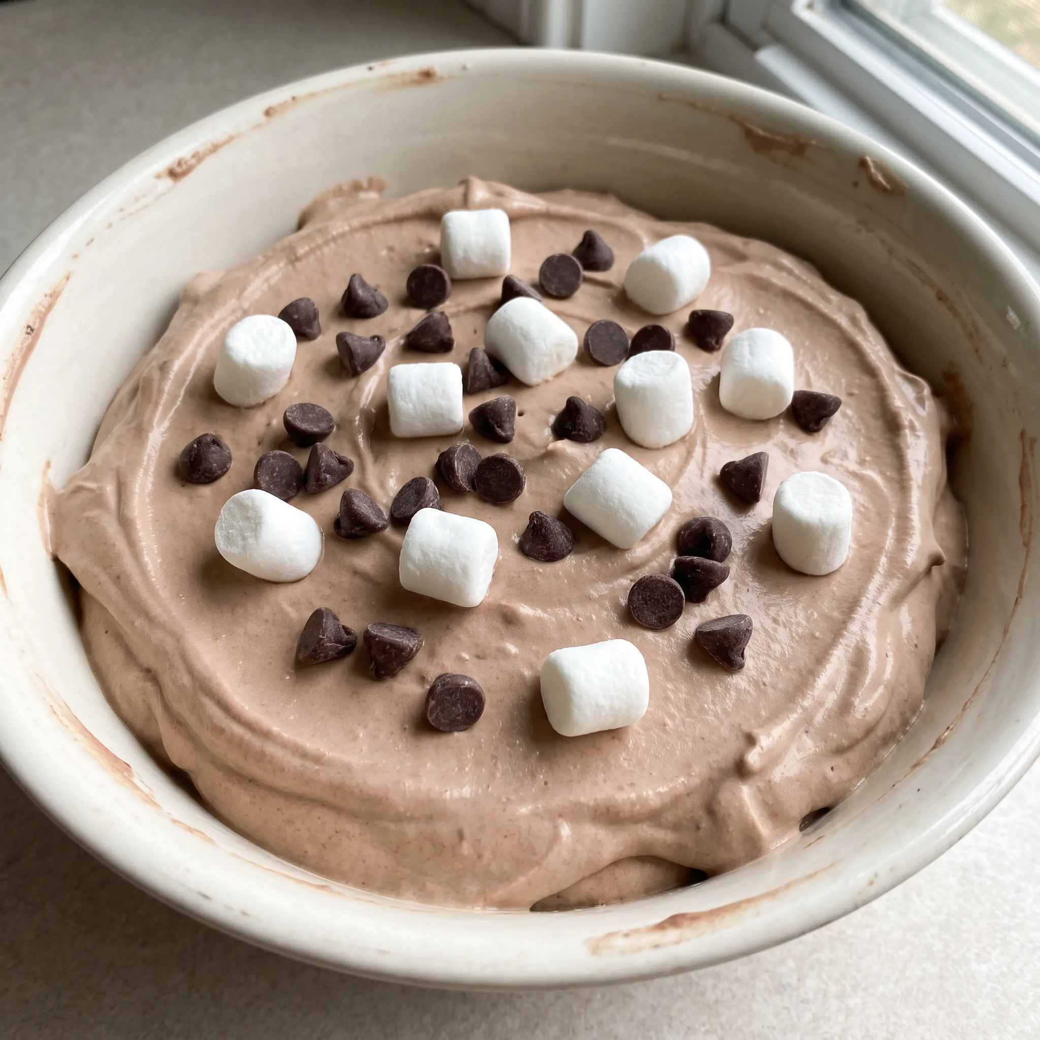 Hot chocolate dip topped with mini marshmallows and chocolate chips in a fluffy marshmallow fluff and whipped topping base.