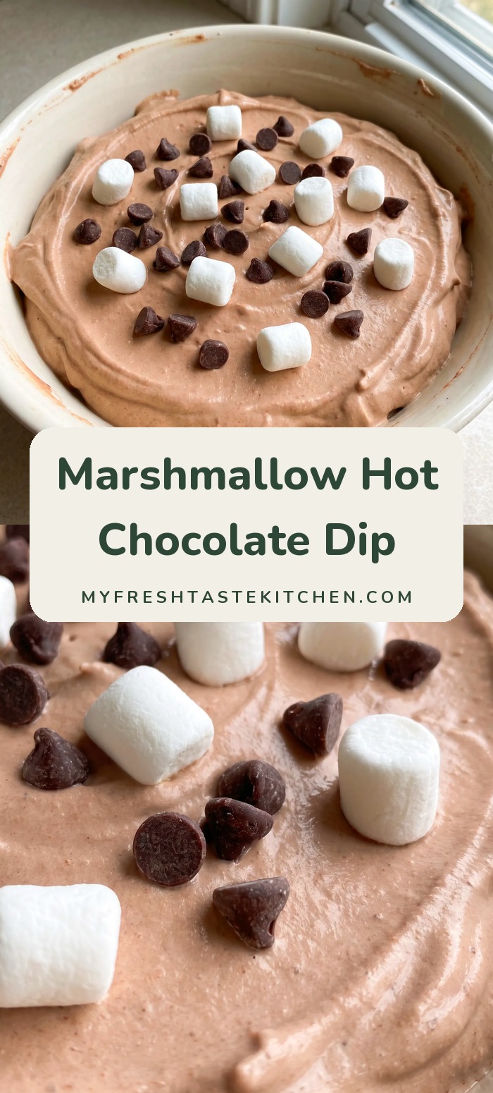 Bowl of light brown chocolate dip topped with mini marshmallows and chocolate chips.