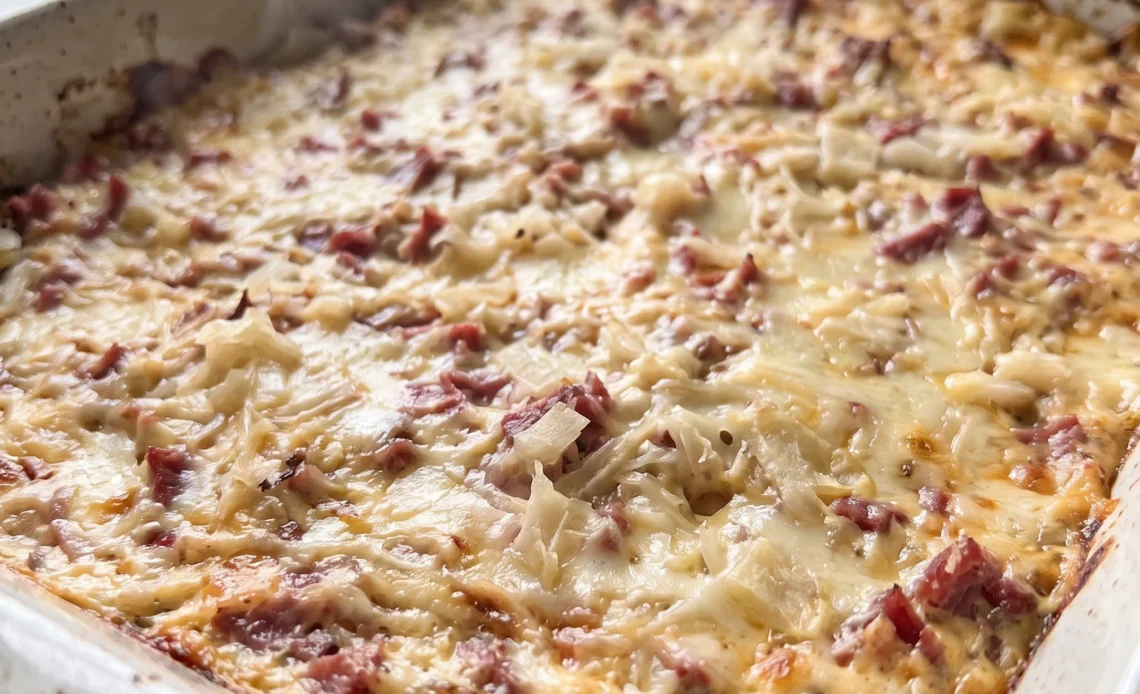 Hot Reuben dip with corned beef, sauerkraut, and melted Swiss cheese in a creamy Thousand Island and cream cheese base.