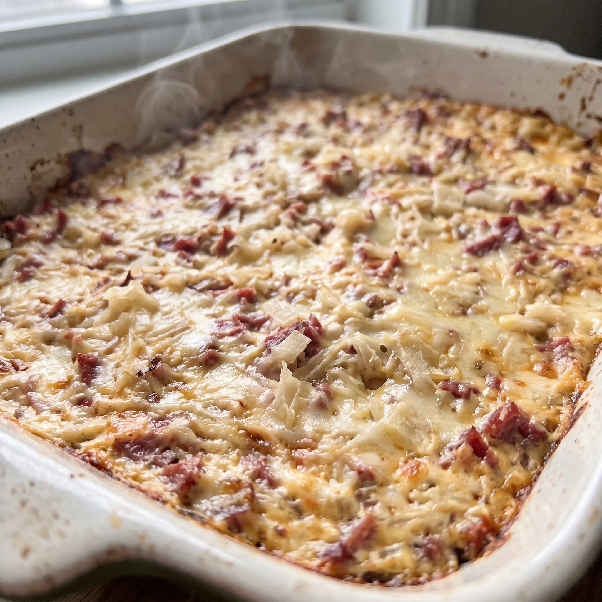 Hot Reuben dip with corned beef, sauerkraut, and melted Swiss cheese in a creamy Thousand Island and cream cheese base.