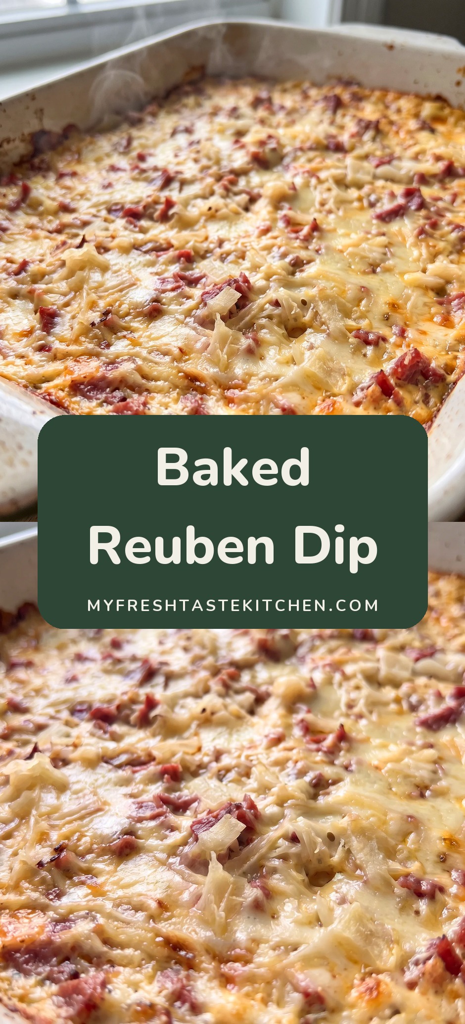 Creamy baked dip with diced corned beef, shredded Swiss cheese, and sauerkraut in a golden bubbly top.