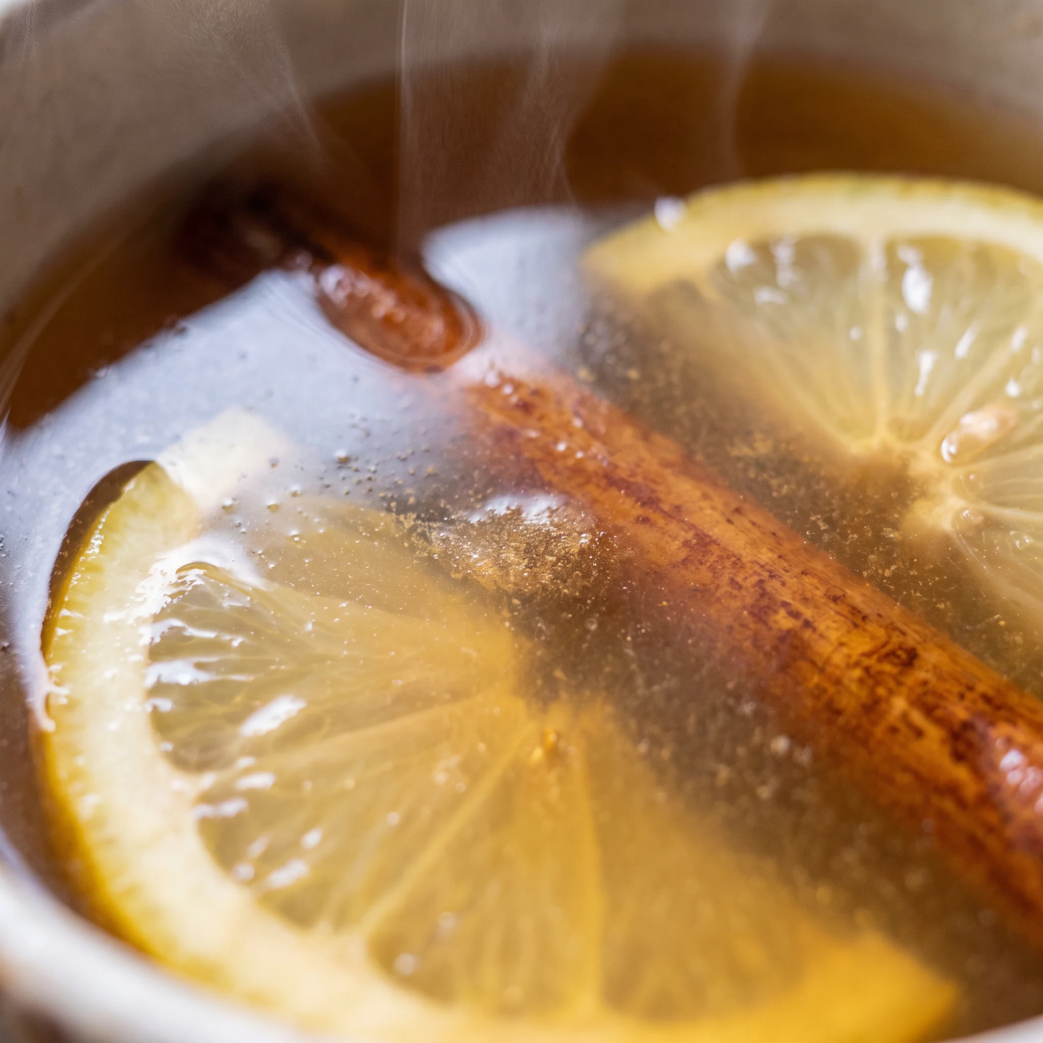 Amber tea and whiskey with a pale lemon slice and glossy honey swirling on the surface.
