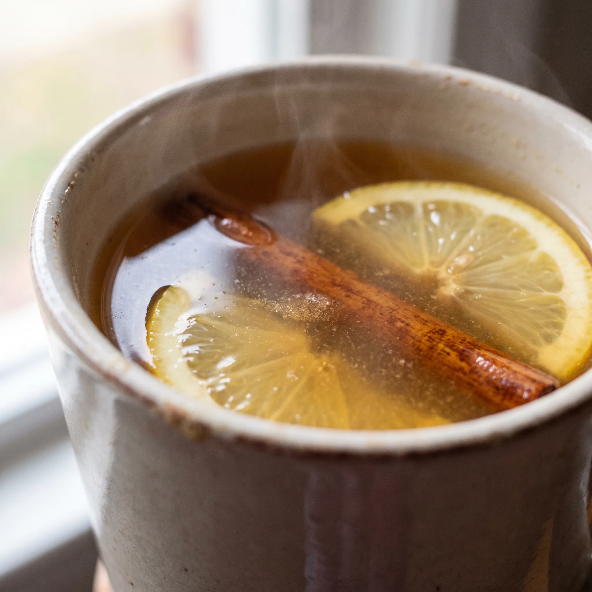 A hot toddy in a glass mug with amber tea and whiskey, a lemon slice floating on top and a drizzle of honey.