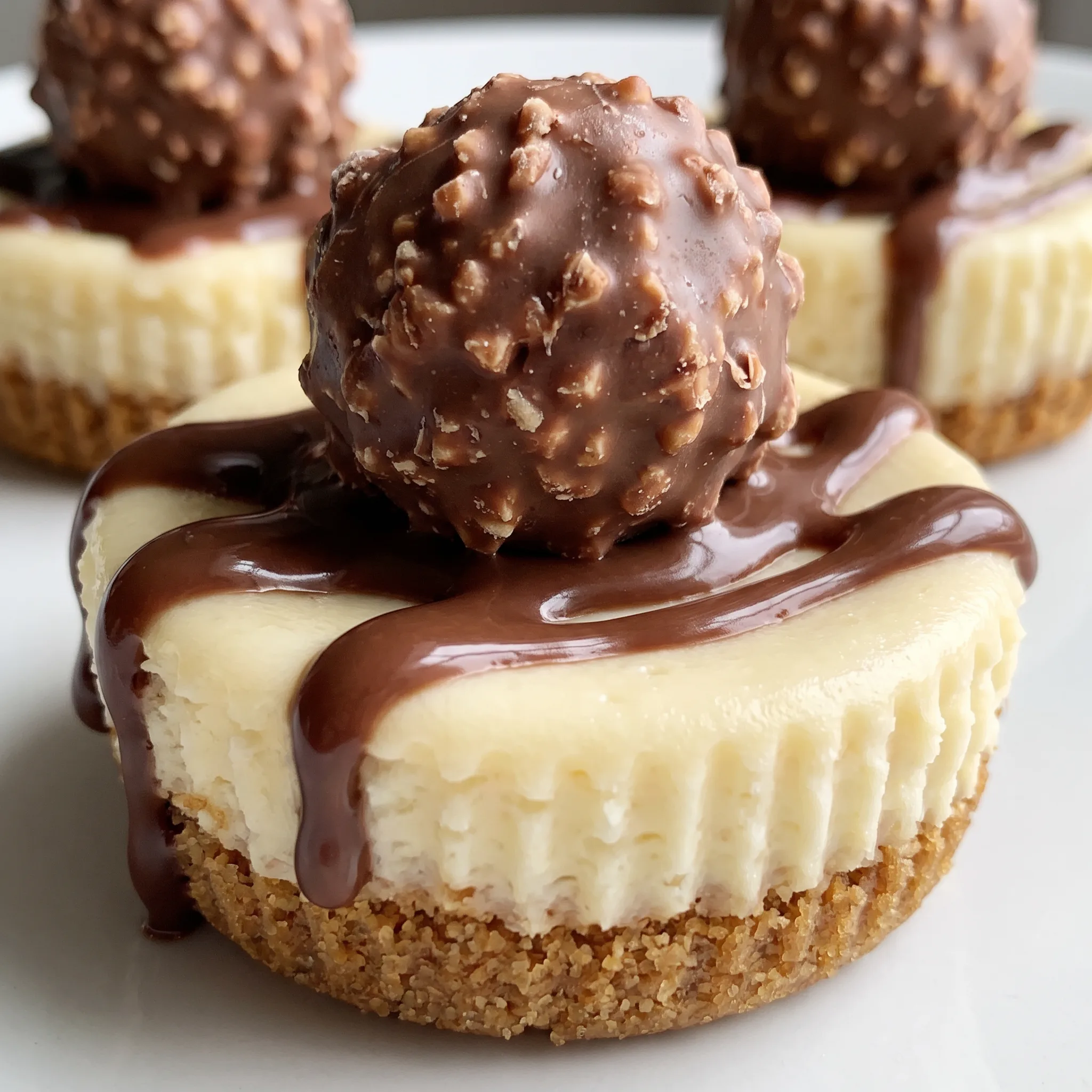 Creamy cheesecake filling with a graham cracker crust, glossy chocolate sauce, and a chocolate truffle on top.