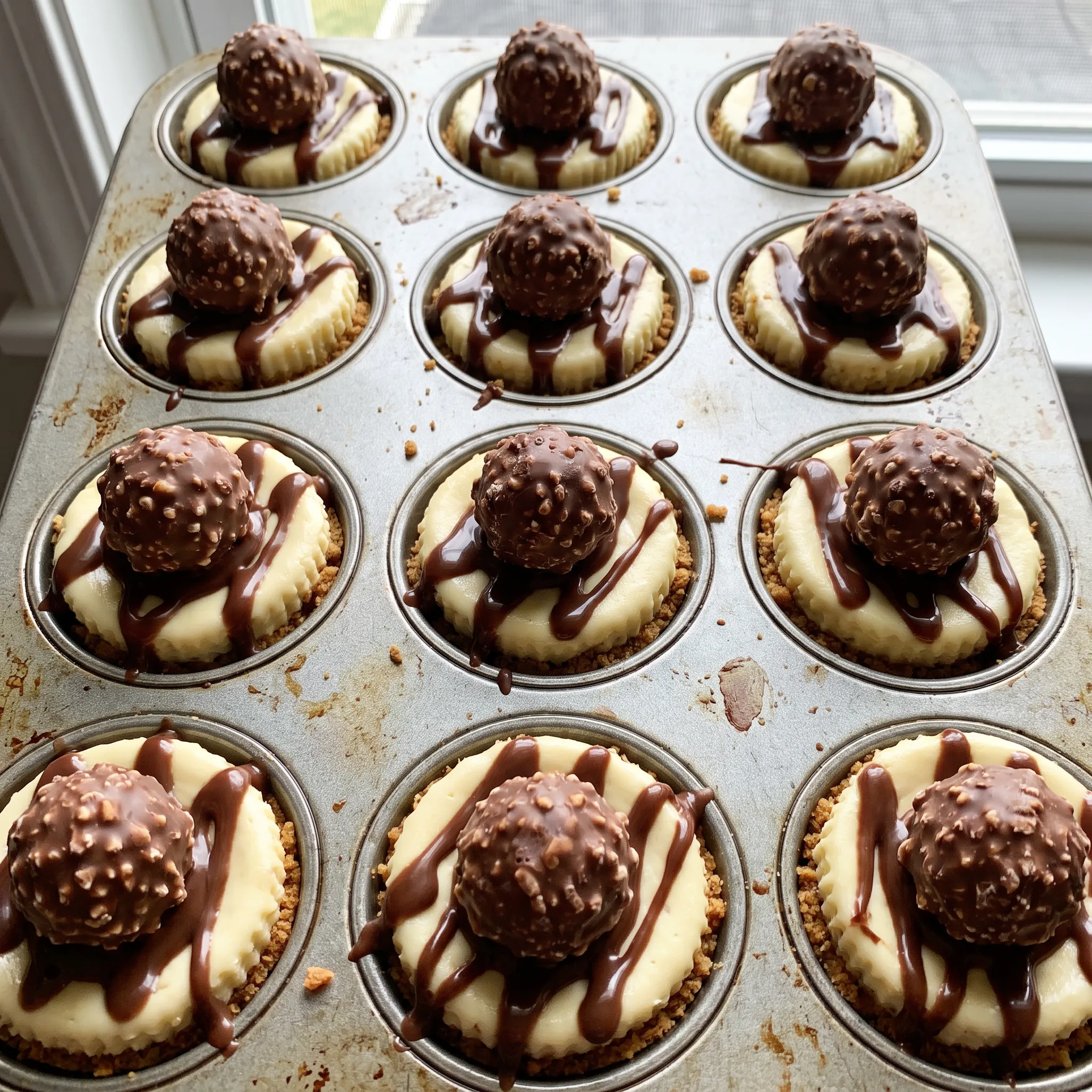 Individual no-bake cheesecakes with graham cracker crusts, topped with chocolate sauce and chocolate truffles.