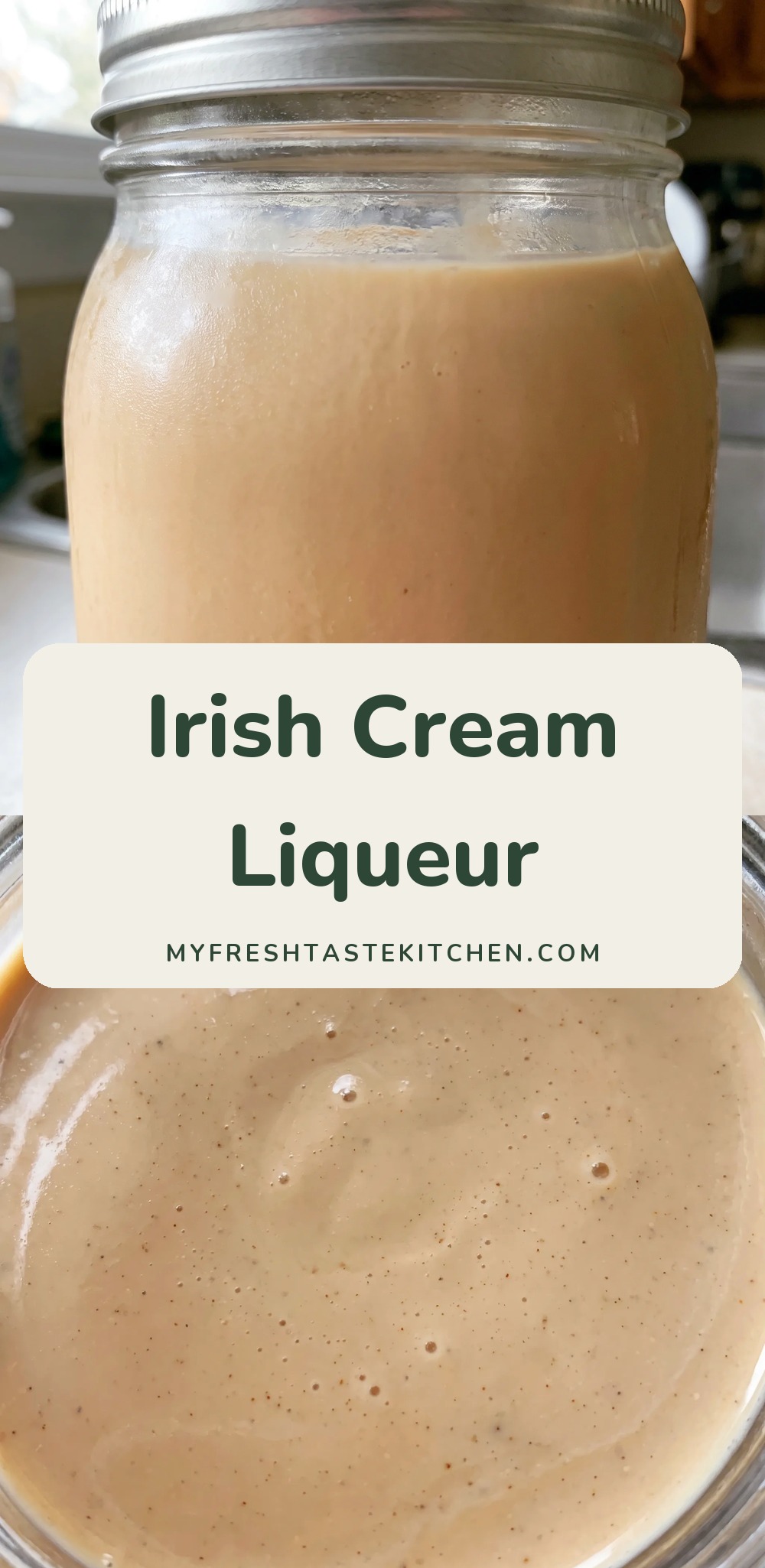 Creamy pale tan Irish cream liqueur in a glass bottle, made from whiskey, cream, condensed milk, instant coffee, and vanilla.