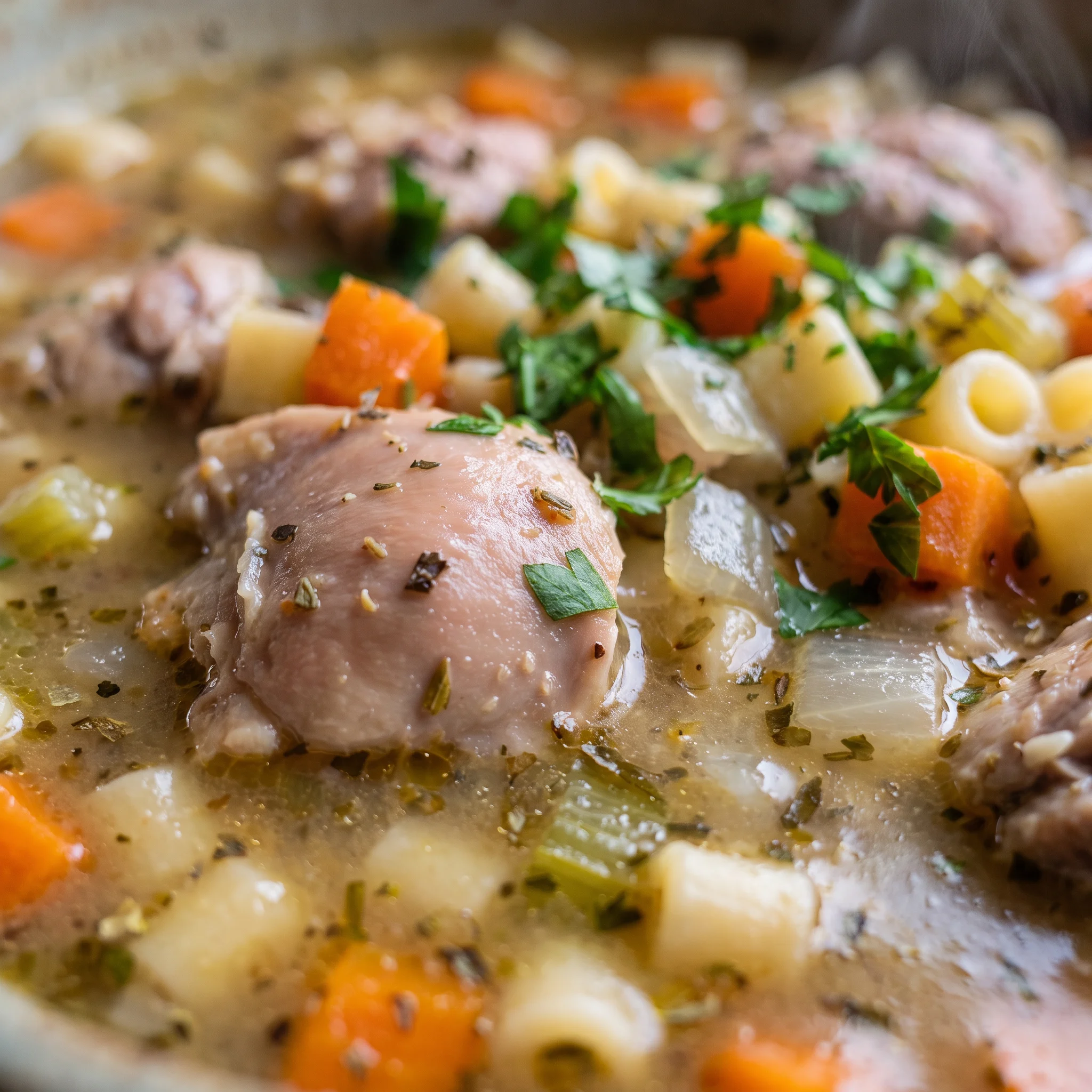 Tender shredded chicken and small pasta in broth with soft diced carrots and celery, a bright lemon wedge on top.