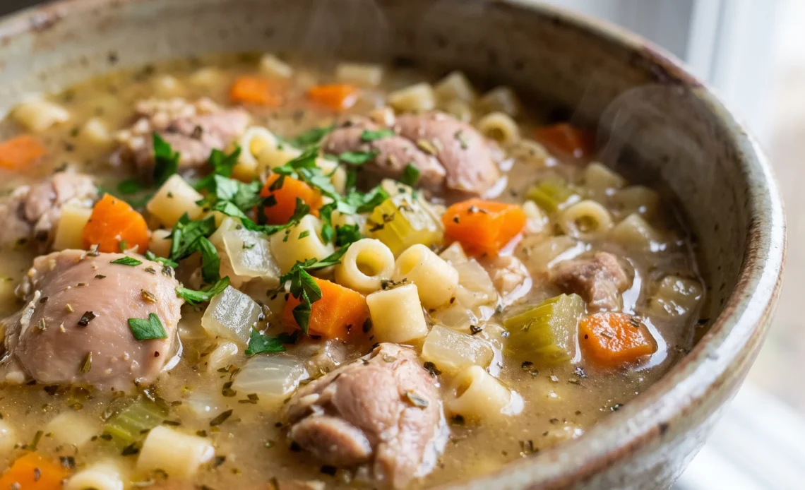 Italian chicken pasta soup with shredded chicken, small pasta, diced carrots and celery in golden broth, topped with a lemon wedge.