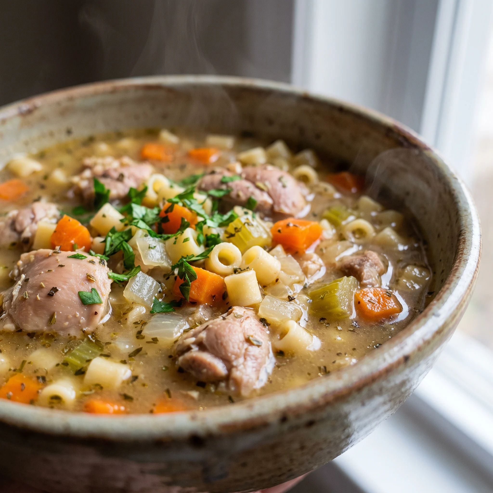 Italian chicken pasta soup with shredded chicken, small pasta, diced carrots and celery in golden broth, topped with a lemon wedge.