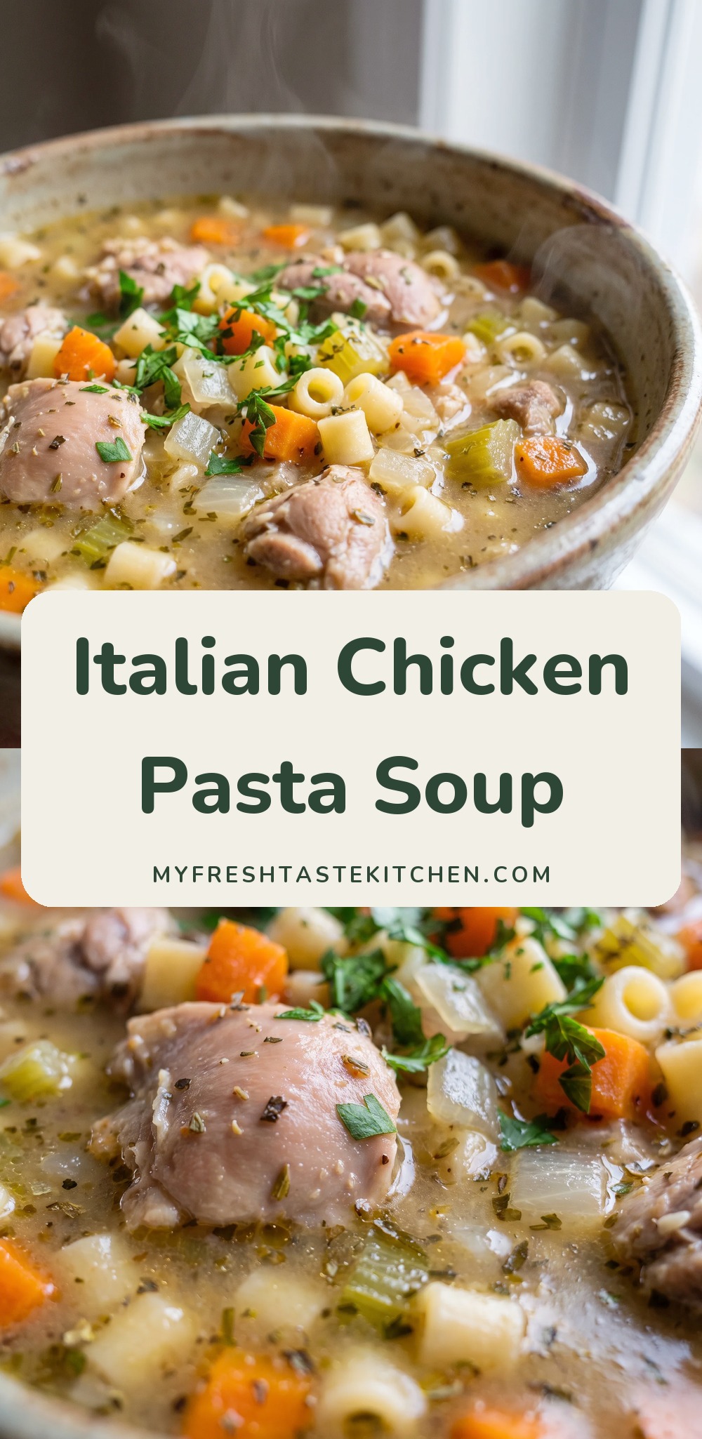 Bowl of broth soup with chicken chunks, small pasta, carrots, celery and parsley.
