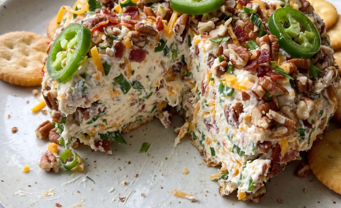 Jalapeno popper cheese ball coated in chopped pecans and bacon bits with diced jalapenos and cheddar throughout.