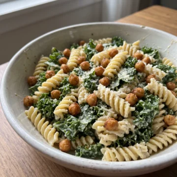 Kale Caesar Pasta Salad with Crispy Chickpeas