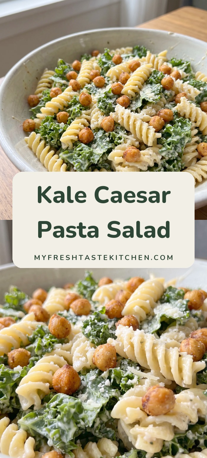 Curly dark green kale, tan chickpeas, and spiral pasta glistening with creamy Caesar dressing, topped with grated Parmesan.