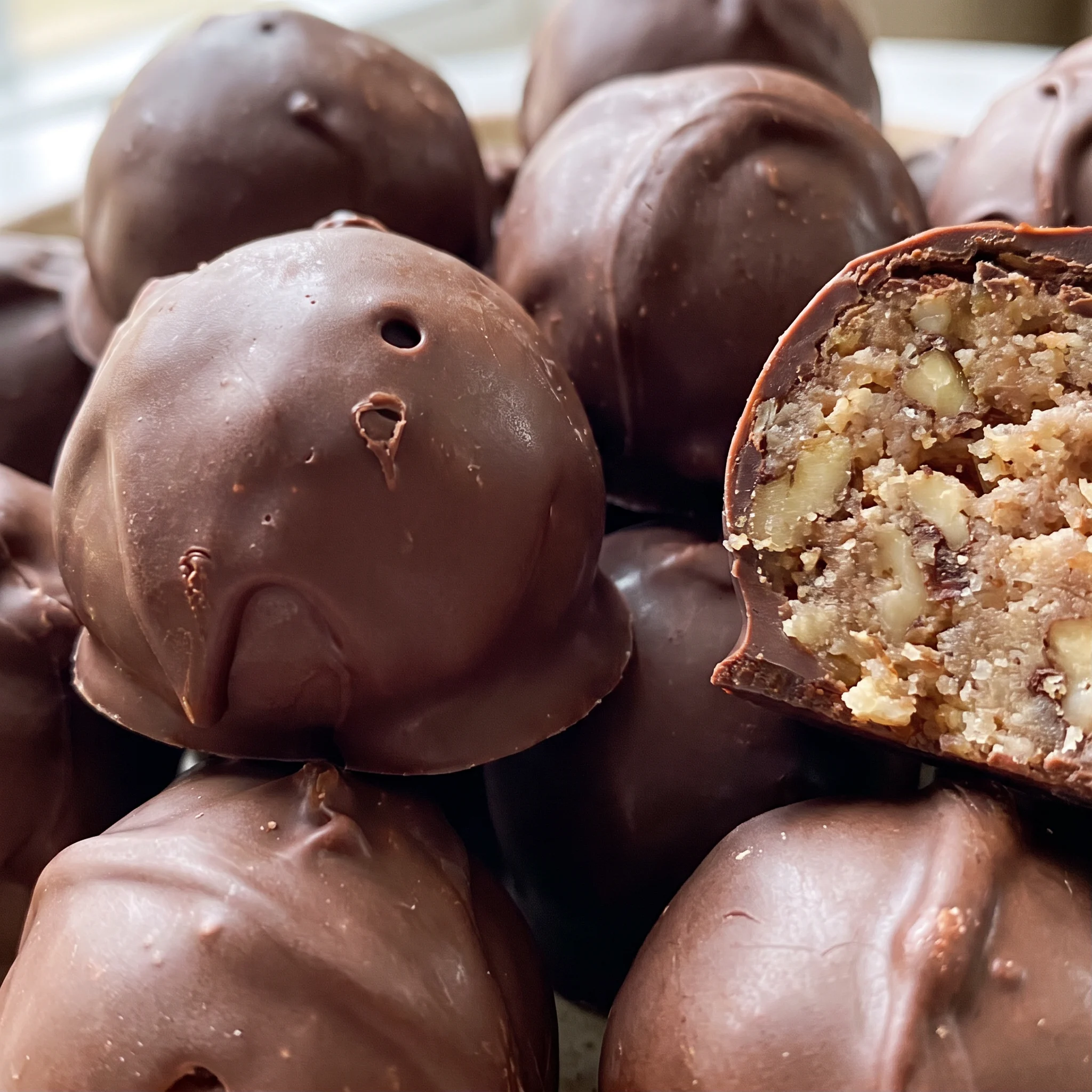 Rough pecan pieces pressed into glossy dark chocolate, with a dense fudgy interior visible at one broken edge.