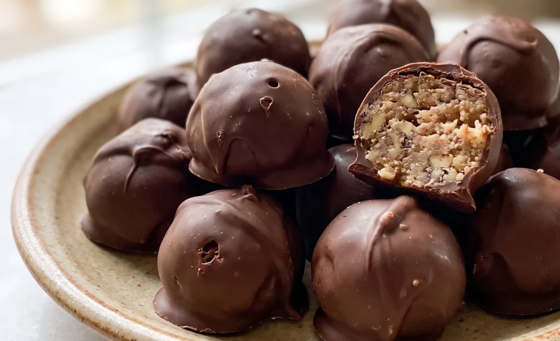 Kentucky bourbon balls: round dark chocolate spheres coated in crushed pecans, arranged in a cluster.