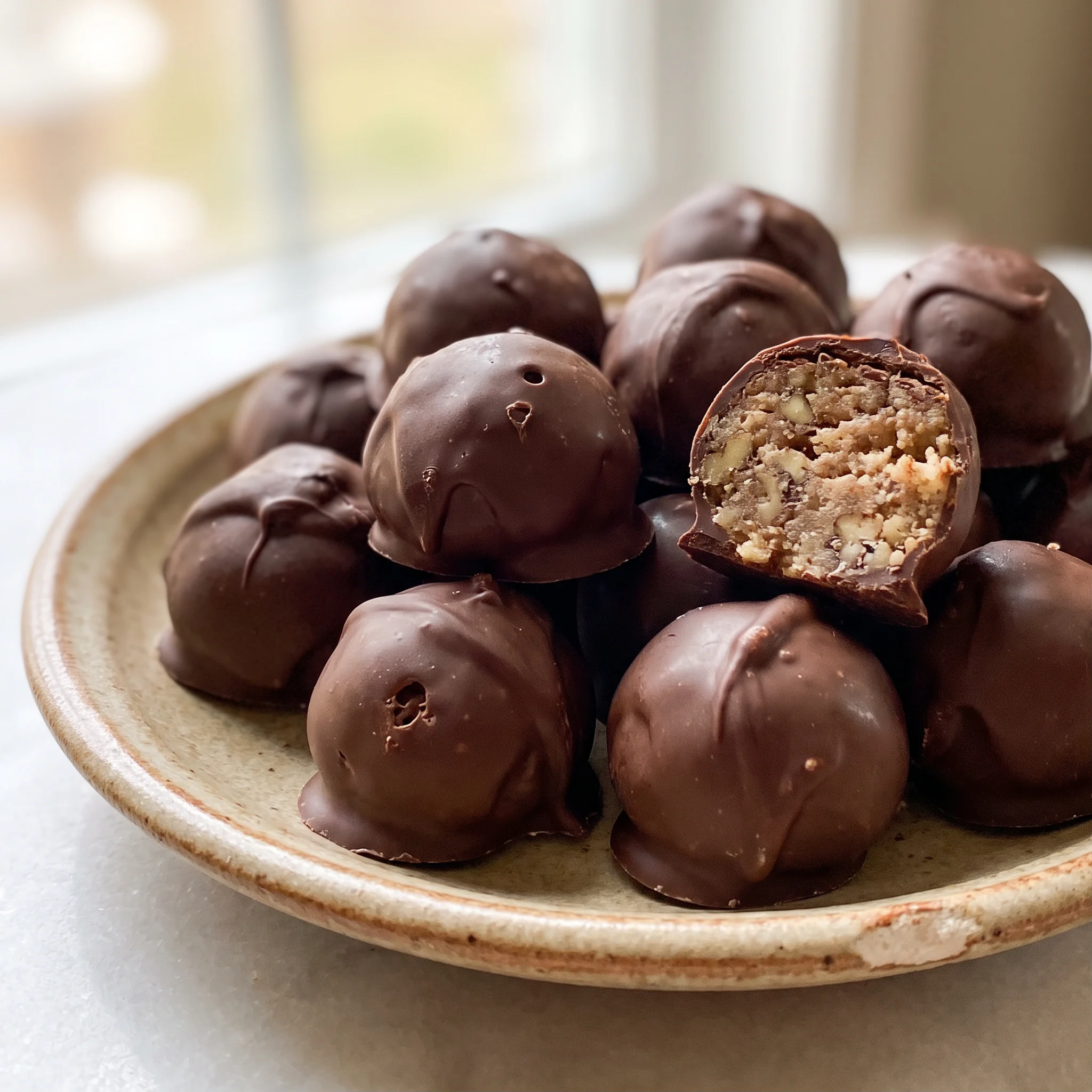 Kentucky bourbon balls: round dark chocolate spheres coated in crushed pecans, arranged in a cluster.