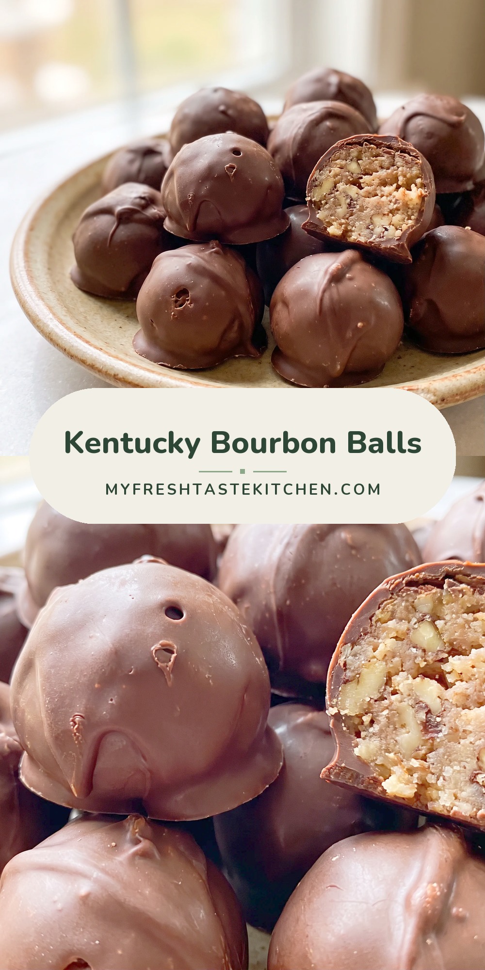 Round chocolate-coated bourbon balls topped with pecan halves, with chopped pecans and dark chocolate visible in the smooth, glossy coating.