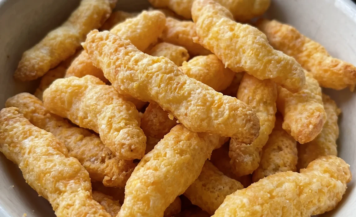 Keto Cheetos made from cheddar cheese and egg whites, baked into crisp orange puffed sticks with a light, airy texture.