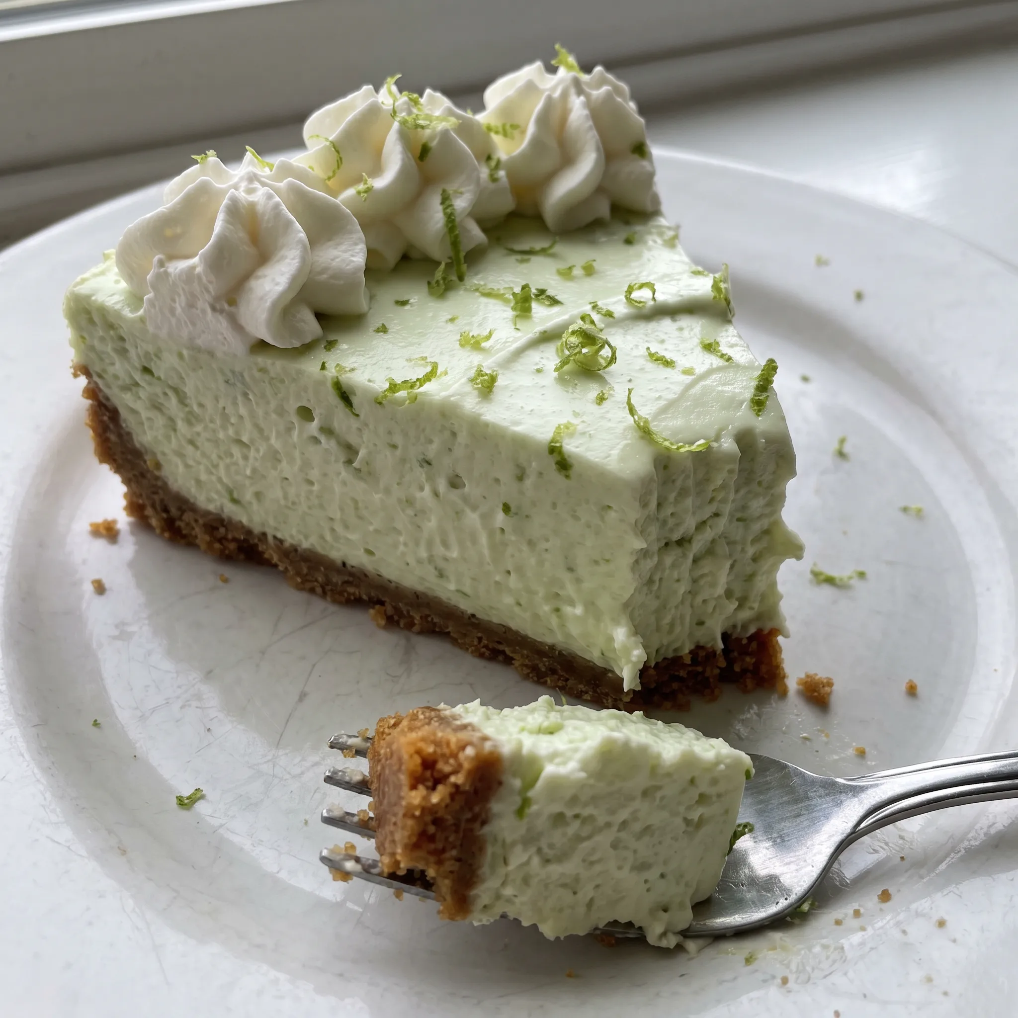 Key lime cheesecake with a graham cracker crust, topped with white whipped cream and thin green lime slices.