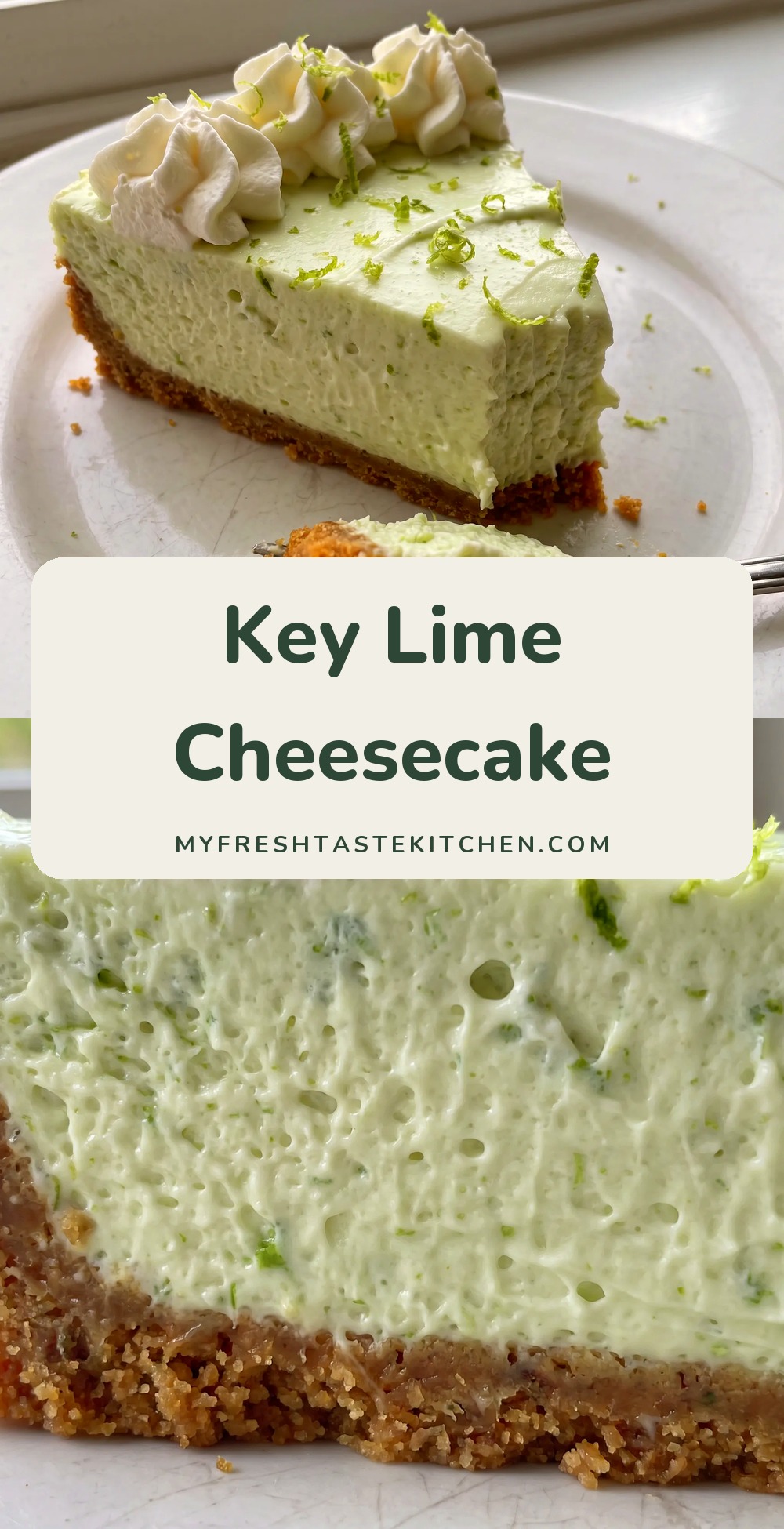 Slice of pale green key lime cheesecake on a graham crust with whipped cream and lime zest.