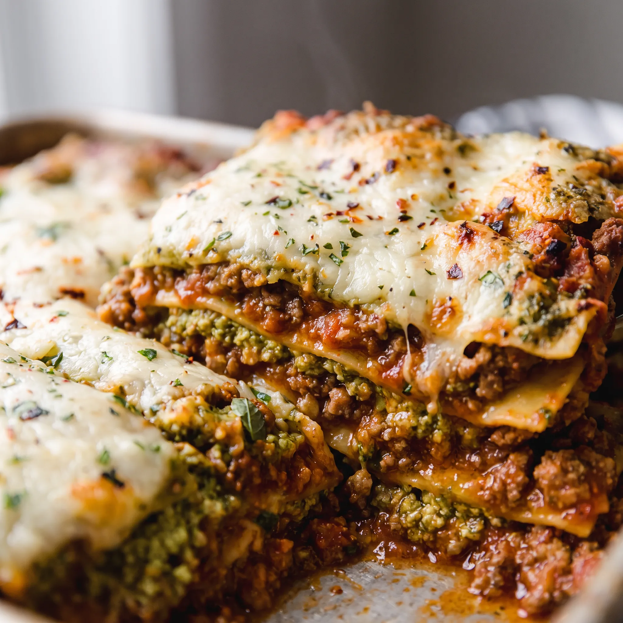 Golden melted mozzarella and parmesan crust over lasagna noodles, with visible bolognese sauce and green basil pesto ricotta layers.