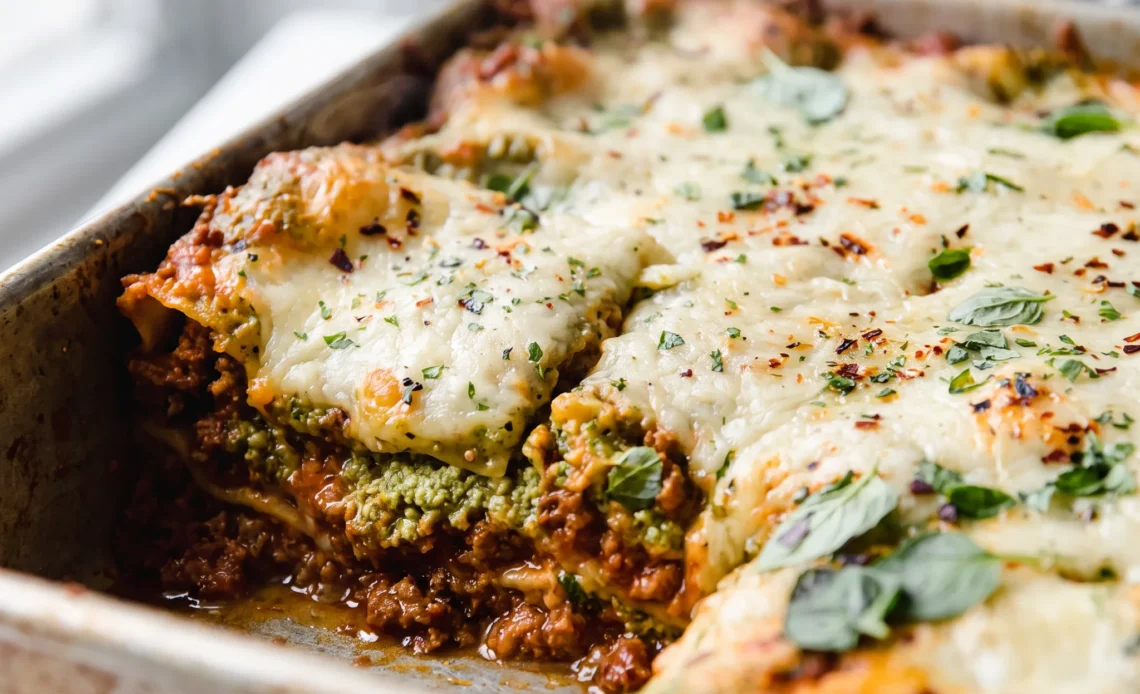 Christmas Eve Lasagna Bolognese with layers of bolognese sauce, basil pesto ricotta, lasagna noodles, melted mozzarella and parmesan.
