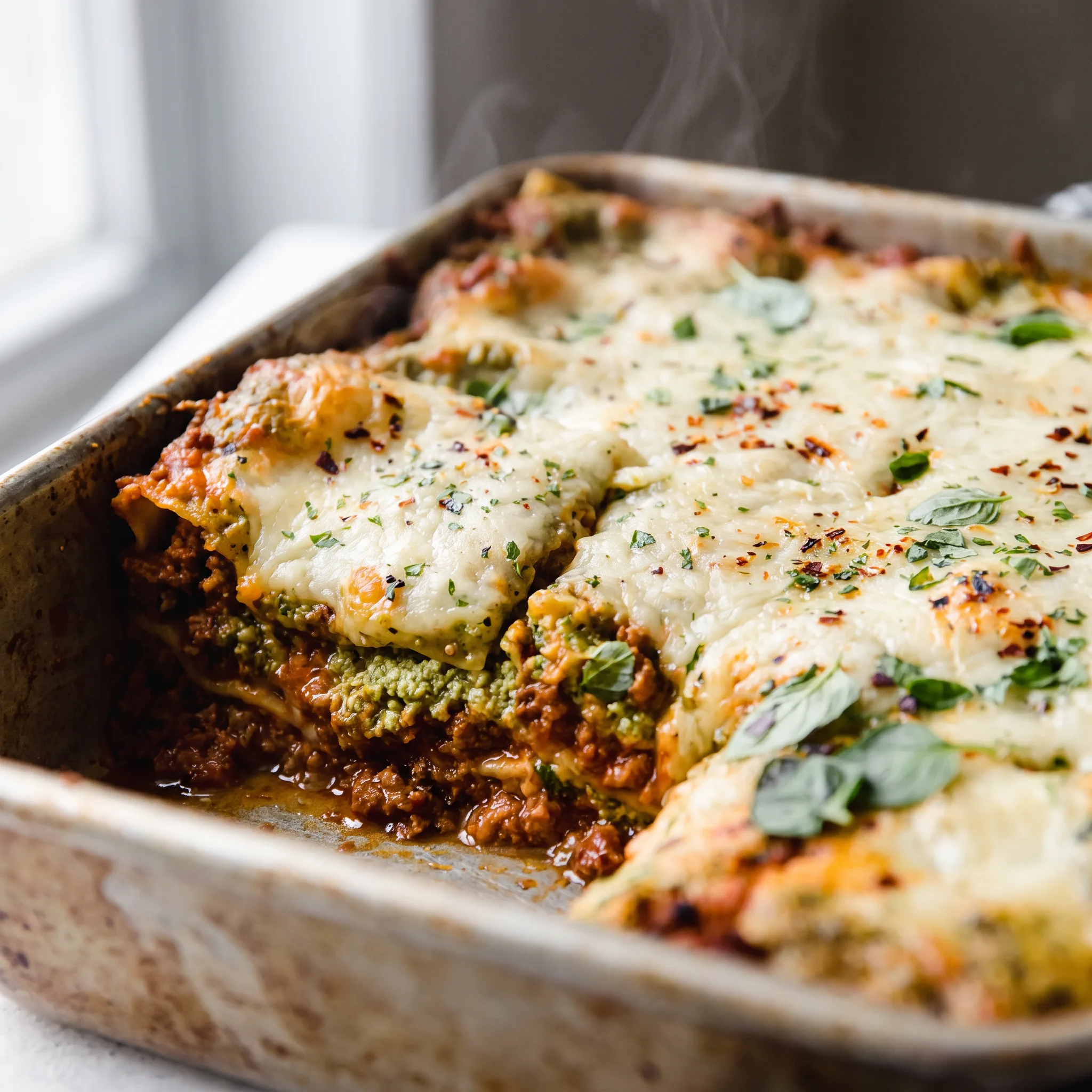 Christmas Eve Lasagna Bolognese with layers of bolognese sauce, basil pesto ricotta, lasagna noodles, melted mozzarella and parmesan.