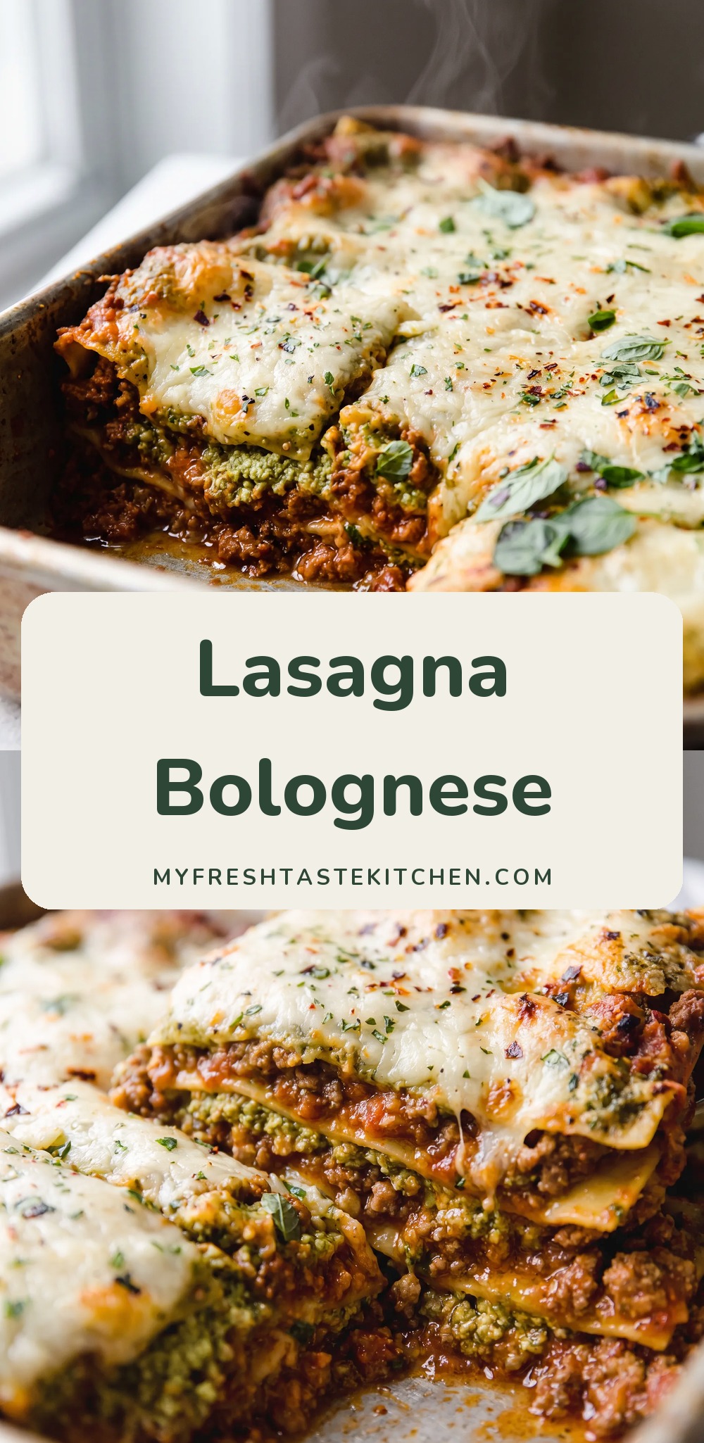 Layers of golden lasagna noodles, red bolognese sauce, white basil pesto ricotta, and melted mozzarella and parmesan cheese.