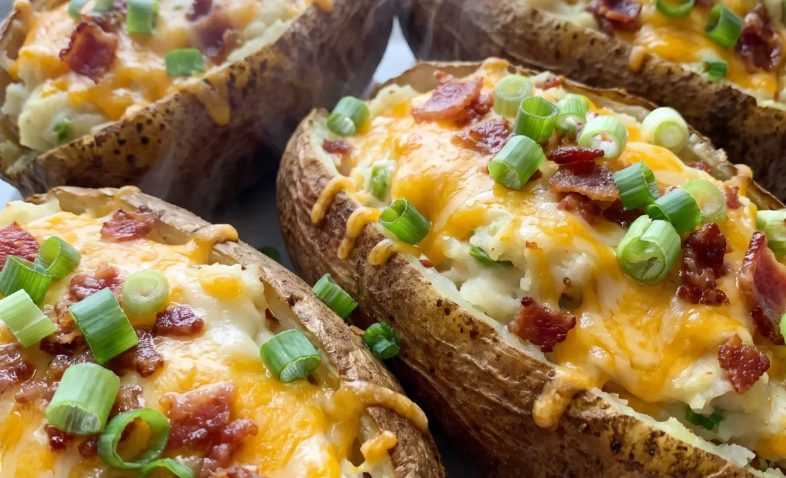 Baked russet potatoes split open and filled with melted cheddar cheese, crumbled bacon, green onions, and sour cream.
