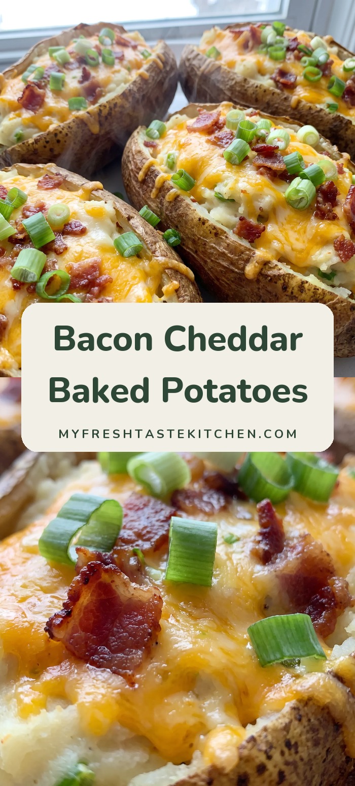 Baked potato halves stuffed with melted cheddar, bacon bits and green onions.