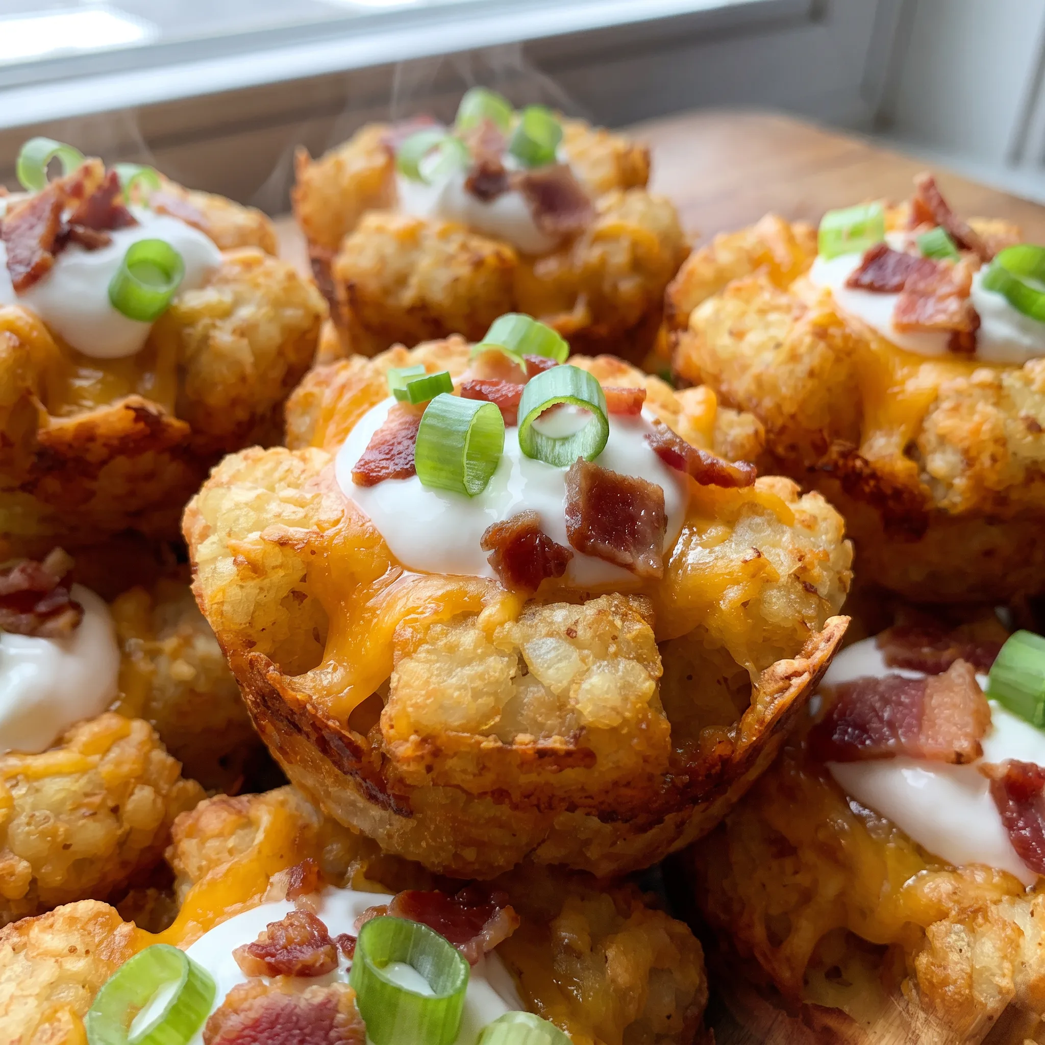 Crisp golden tater tot cups topped with gooey cheddar, bacon bits, and a dollop of sour cream.