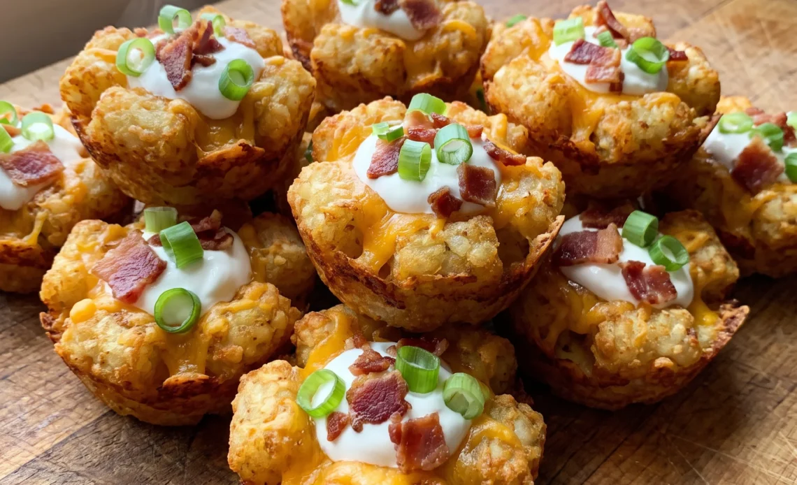 Tater tot cups filled with melted cheddar, crumbled bacon, sour cream, and sliced green onions.