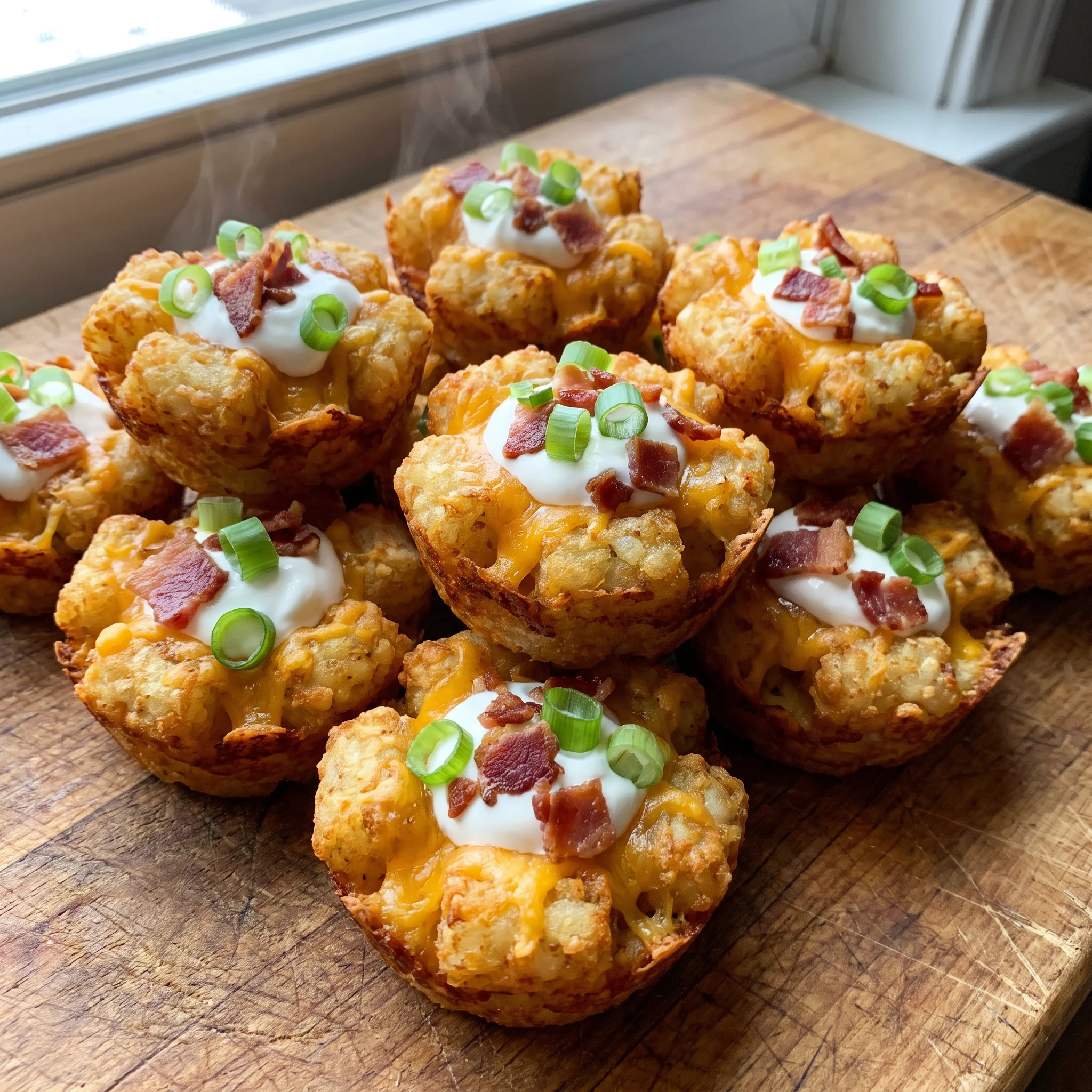Tater tot cups filled with melted cheddar, crumbled bacon, sour cream, and sliced green onions.