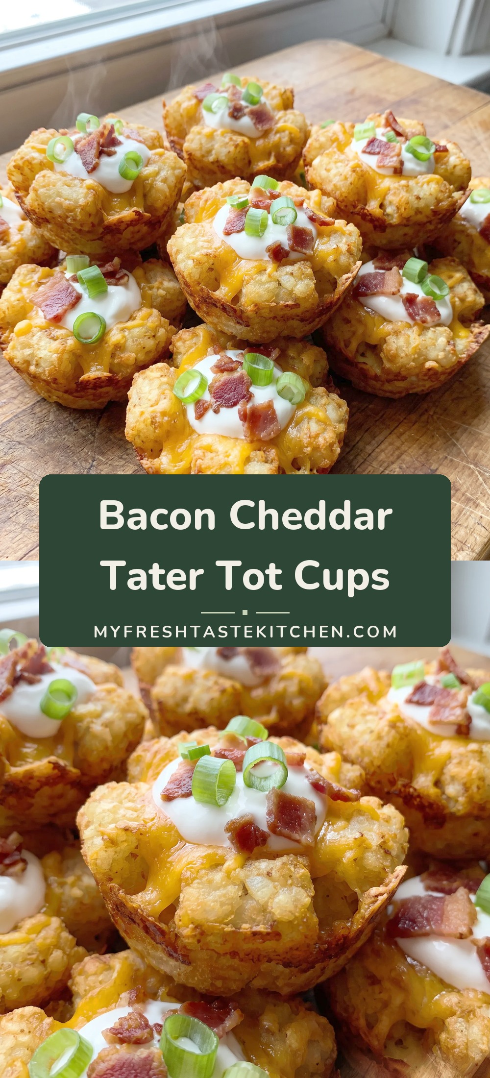 Golden brown tater tot cups filled with melted orange cheddar, topped with white sour cream, crumbled bacon, and sliced green onions.