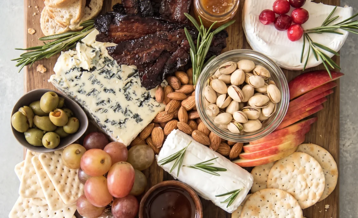 Maple Sriracha candied bacon cheese board with brie, blue cheese, goat cheese, crackers, grapes, and raspberries.