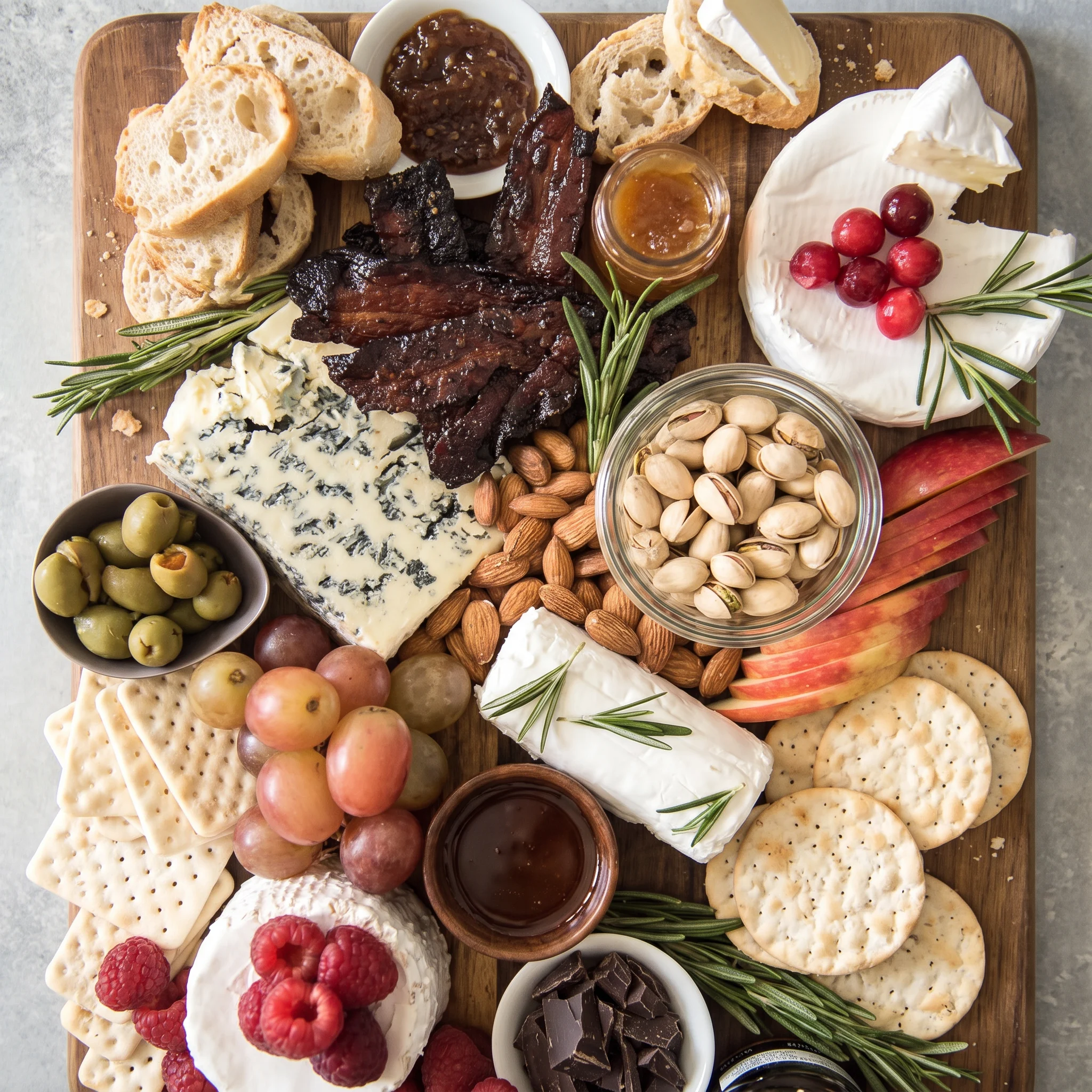 Maple Sriracha candied bacon cheese board with brie, blue cheese, goat cheese, crackers, grapes, and raspberries.