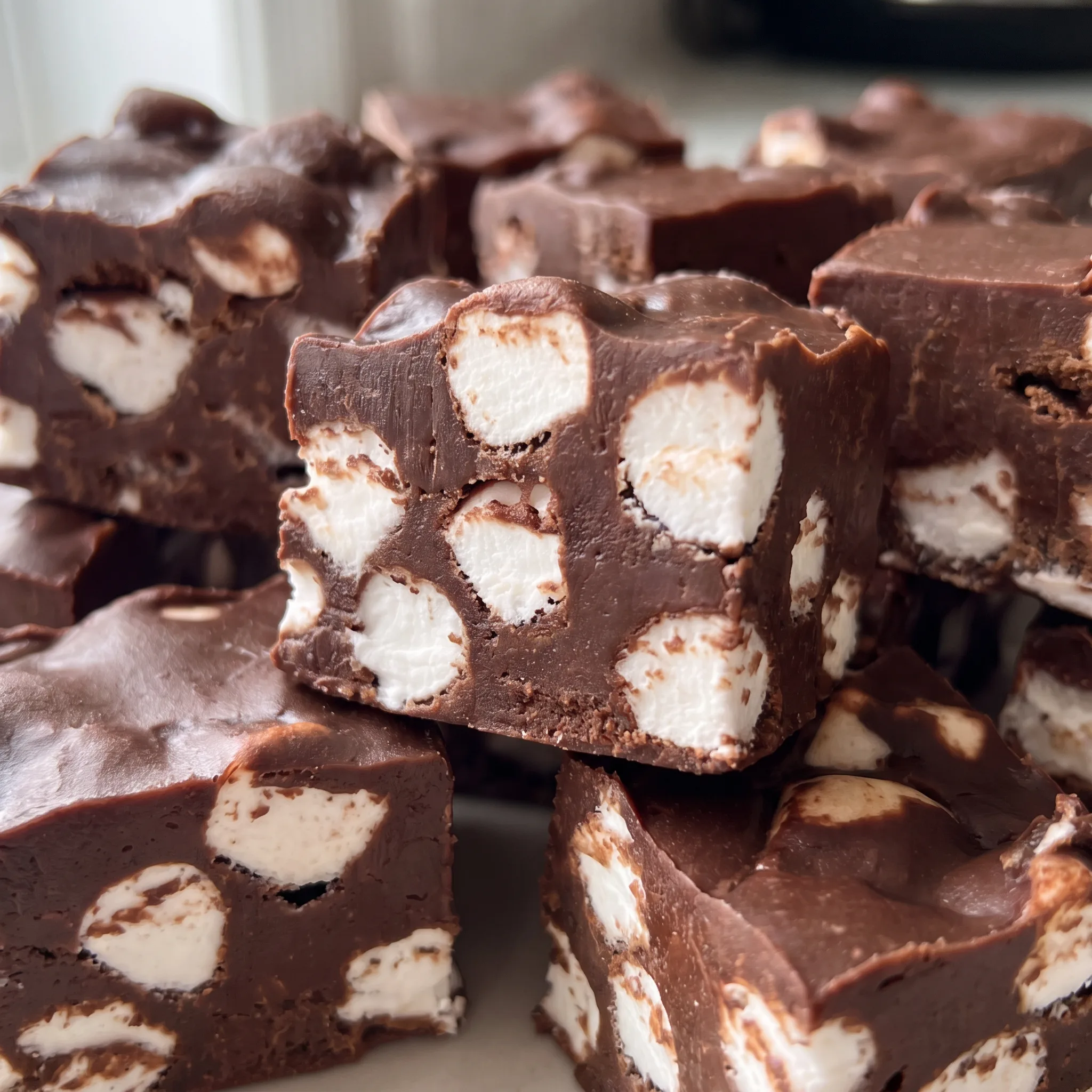 Miniature marshmallows pressed into rich chocolate fudge, soft white puffs against a creamy dark brown candy.