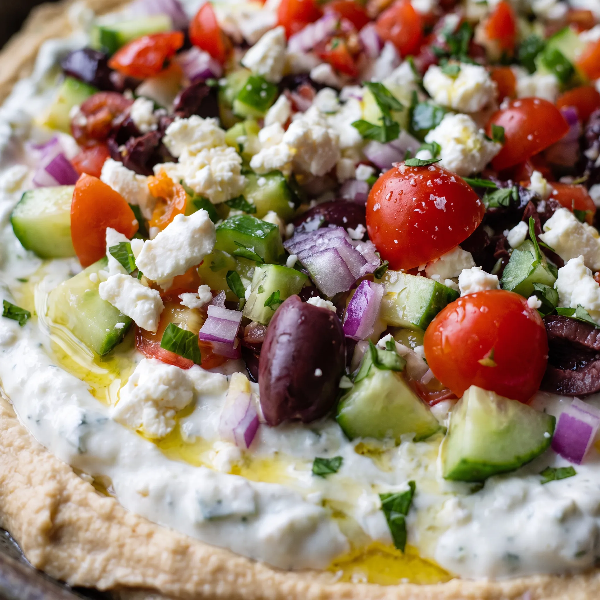 Creamy hummus and tzatziki beside crumbled feta, juicy tomato, crisp cucumber, and olives.
