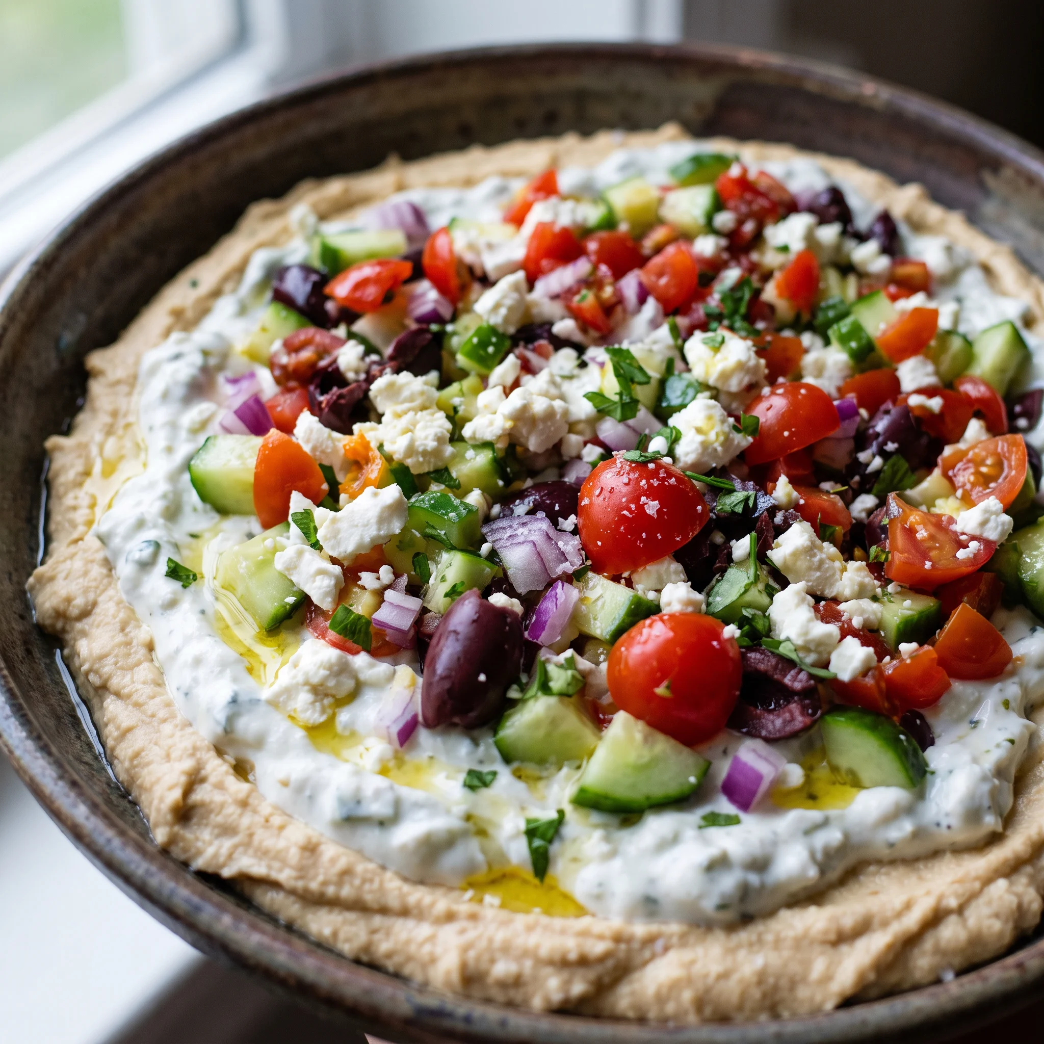 Hummus and tzatziki dips with feta, tomatoes, cucumbers, Kalamata olives, and red onion.