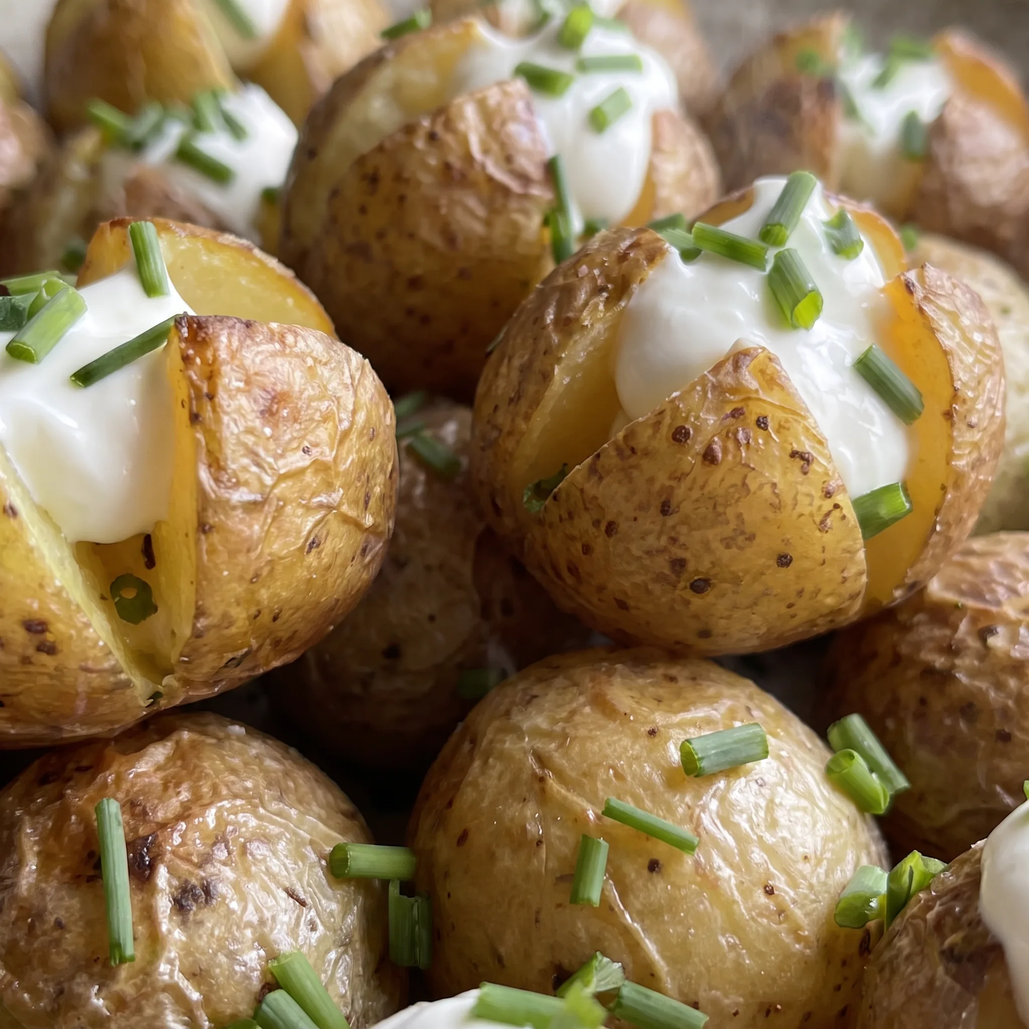 Creamy white sour cream and thin green chive pieces rest on the split, fluffy interior of a small browned potato.