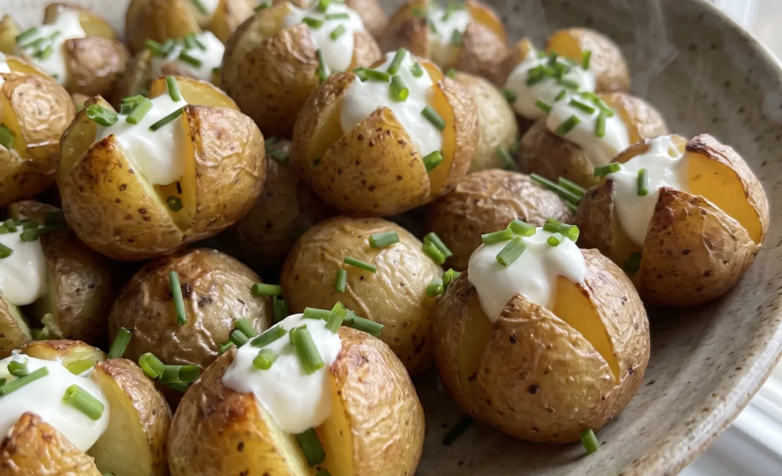 Mini baked potatoes topped with white sour cream and chopped green chives, showing wrinkled golden-brown skins.