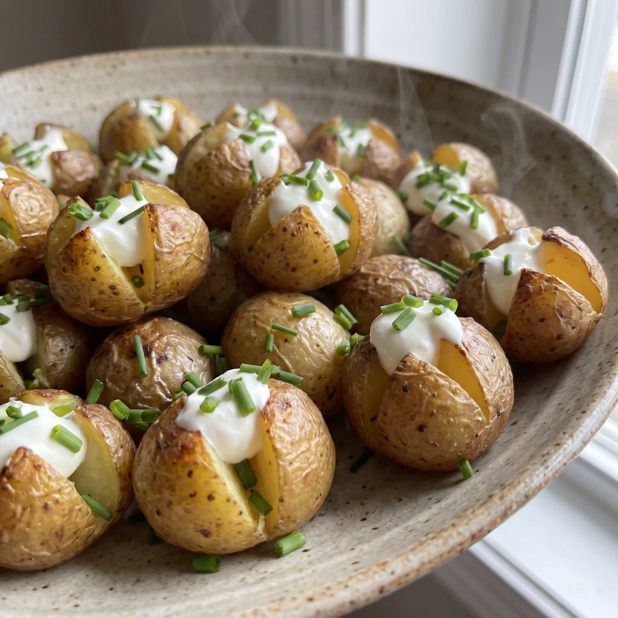 Mini baked potatoes topped with white sour cream and chopped green chives, showing wrinkled golden-brown skins.