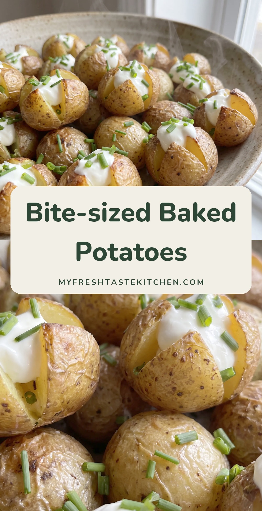 Platter of small baked potatoes topped with sour cream and chopped chives.