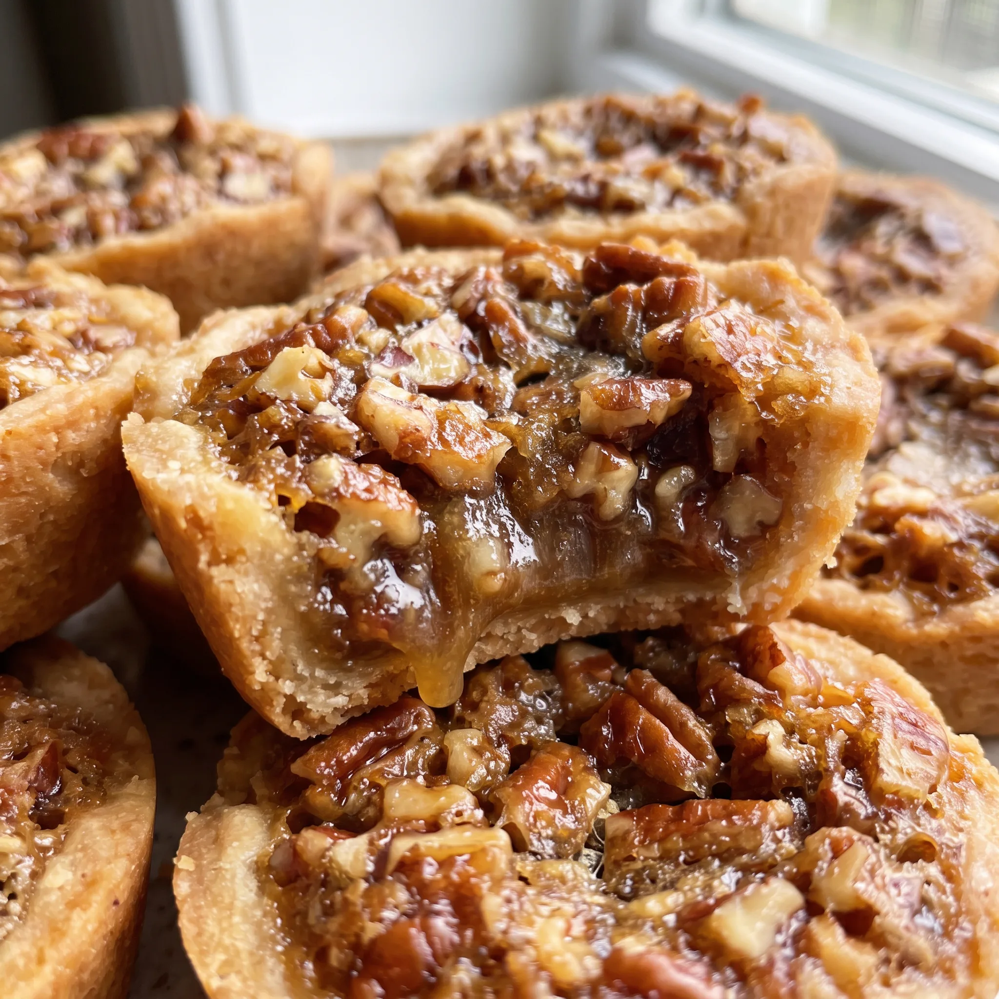 Glossy caramelized pecan halves with ridged edges resting on smooth golden shortbread.