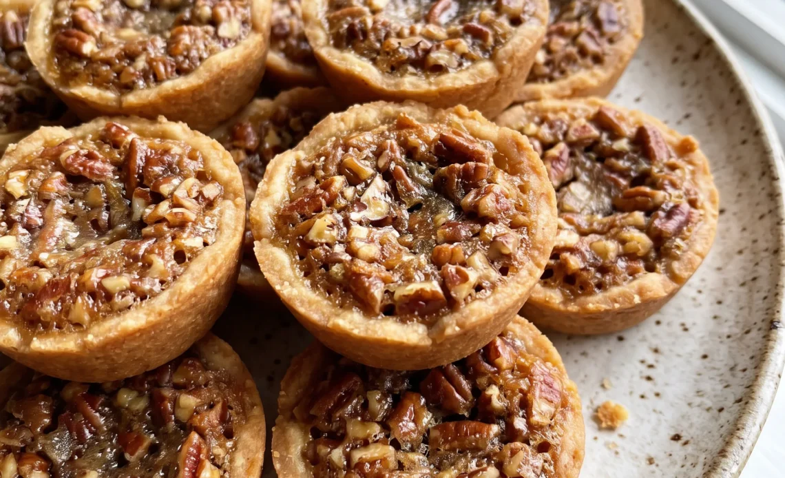 Mini pecan pies with golden shortbread crusts and glossy caramelized pecan halves on top.