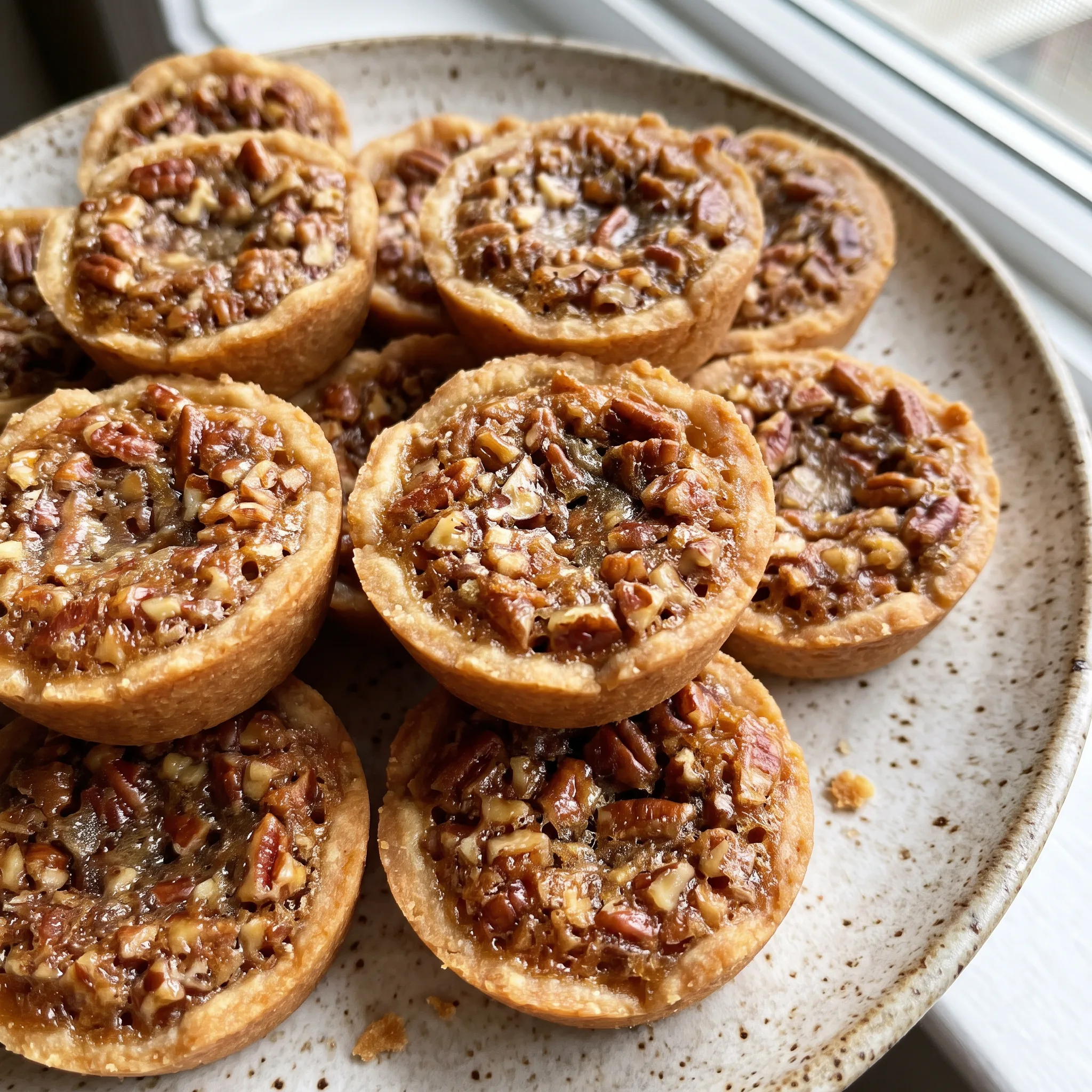 Mini pecan pies with golden shortbread crusts and glossy caramelized pecan halves on top.