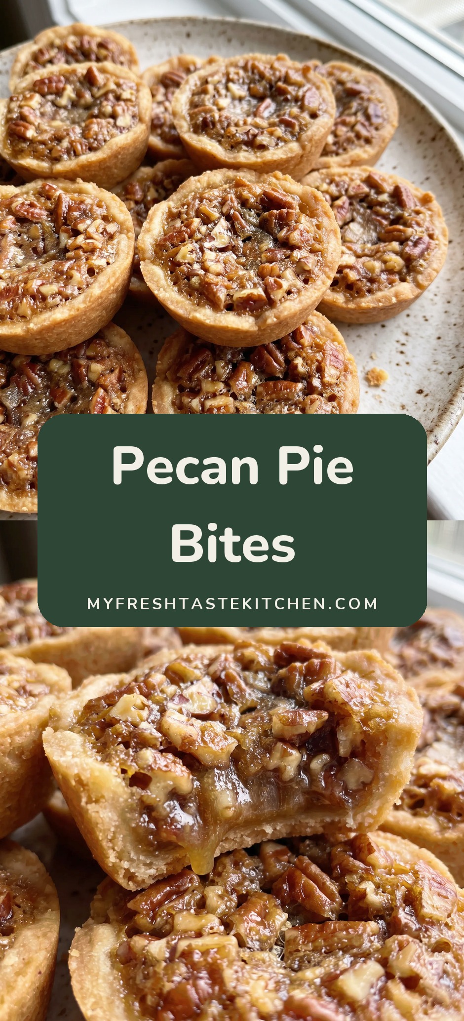 Plate of mini pecan pies with golden crusts and pecan filling.