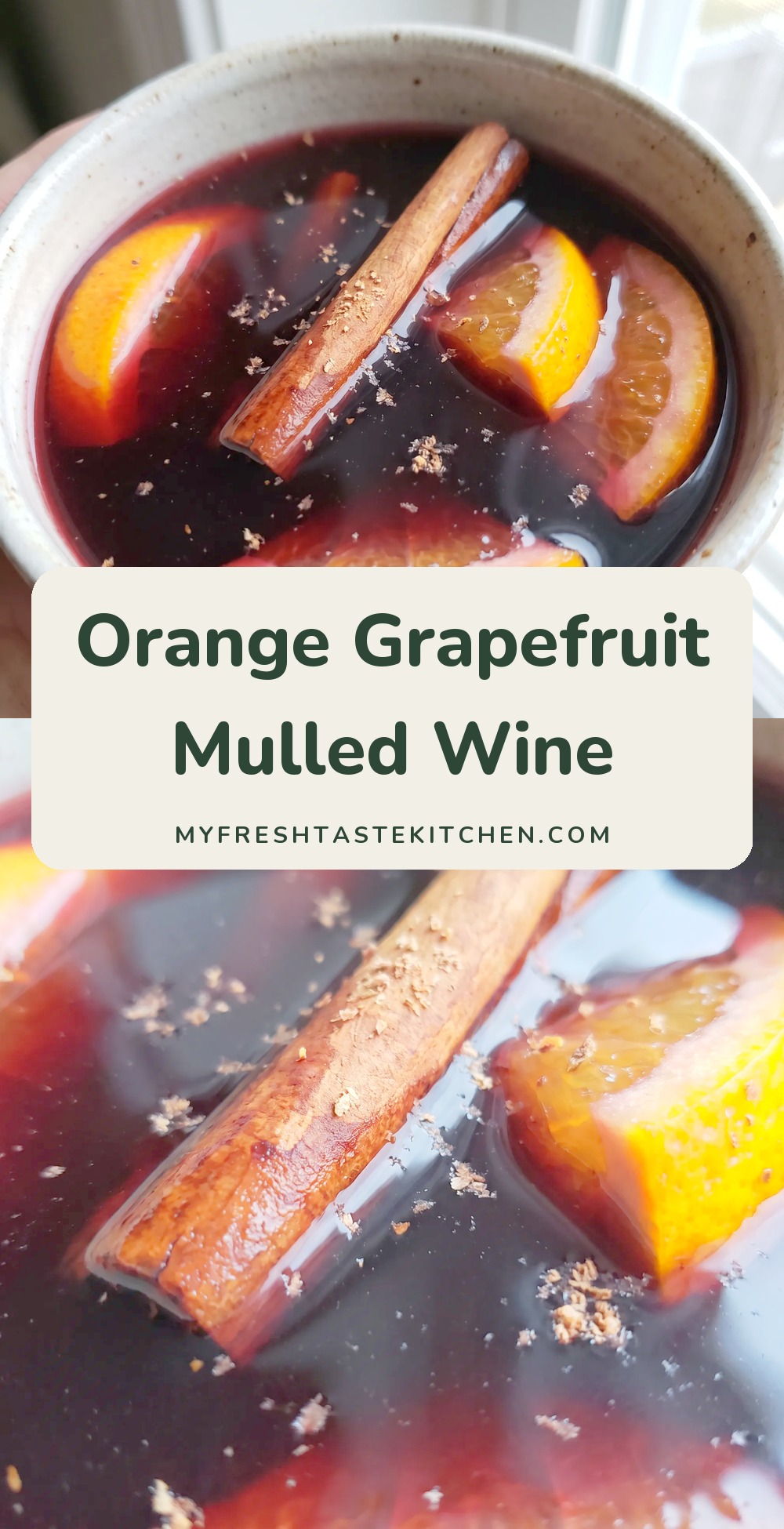 Red wine with orange slices, a grapefruit half, and a cinnamon stick in dark liquid.